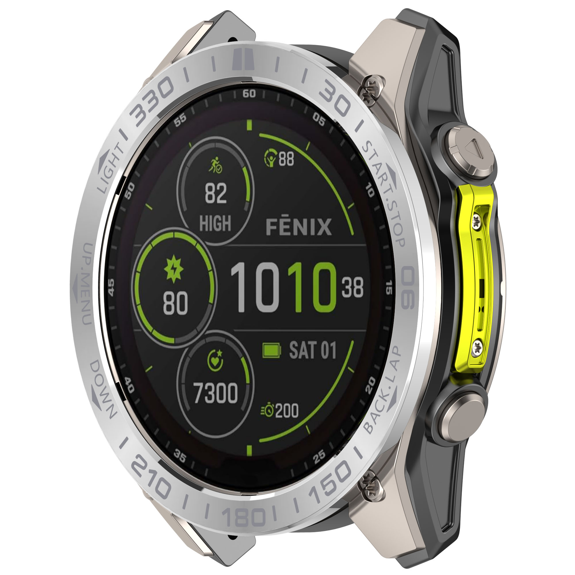 Eine Smartwatch mit silberner Lünette und gelbem Knopf. Der Bildschirm zeigt Informationen zu Aktivität und Gesundheit.