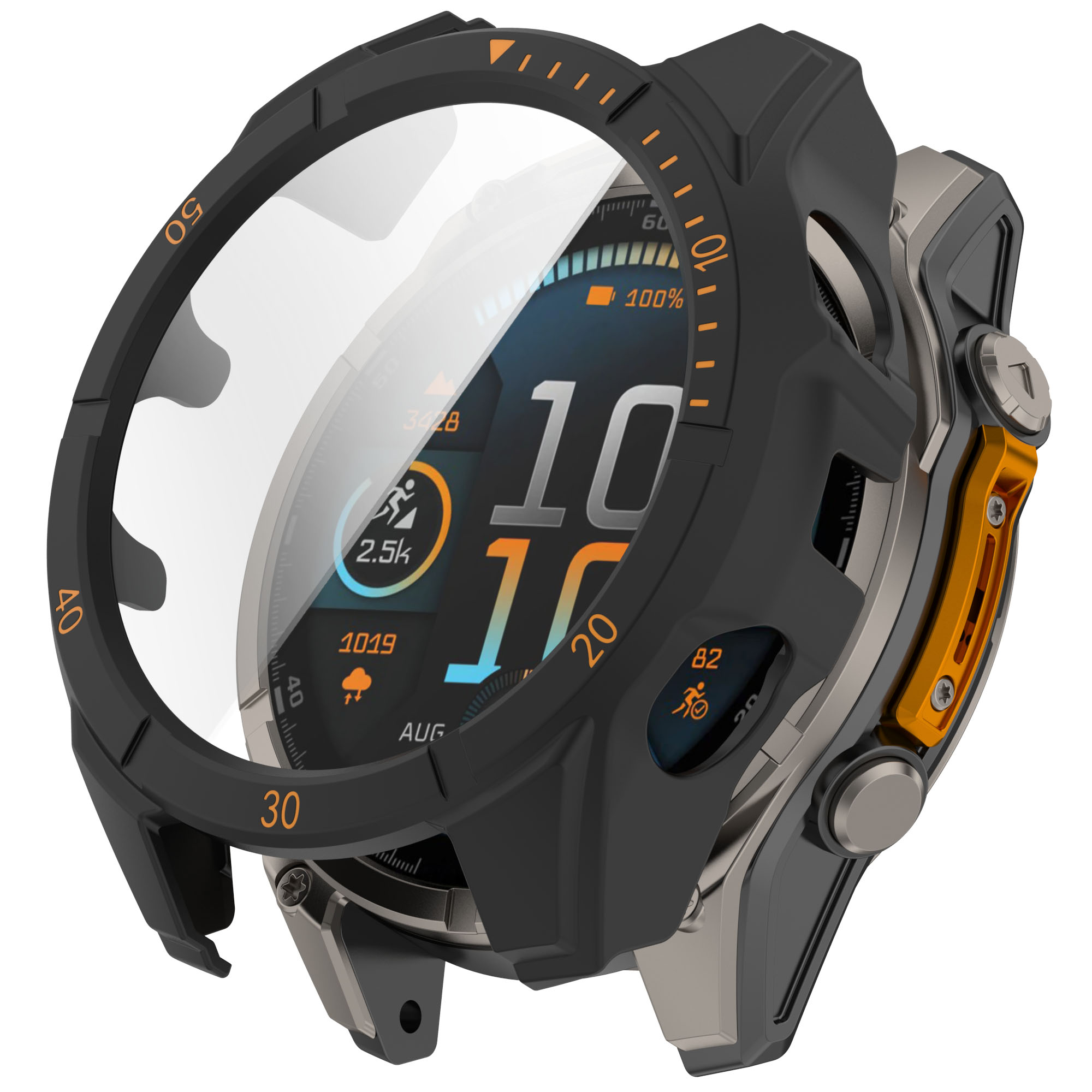 Smartwatch con cassa nera e una copertura protettiva. Segni arancioni sulla lunetta.