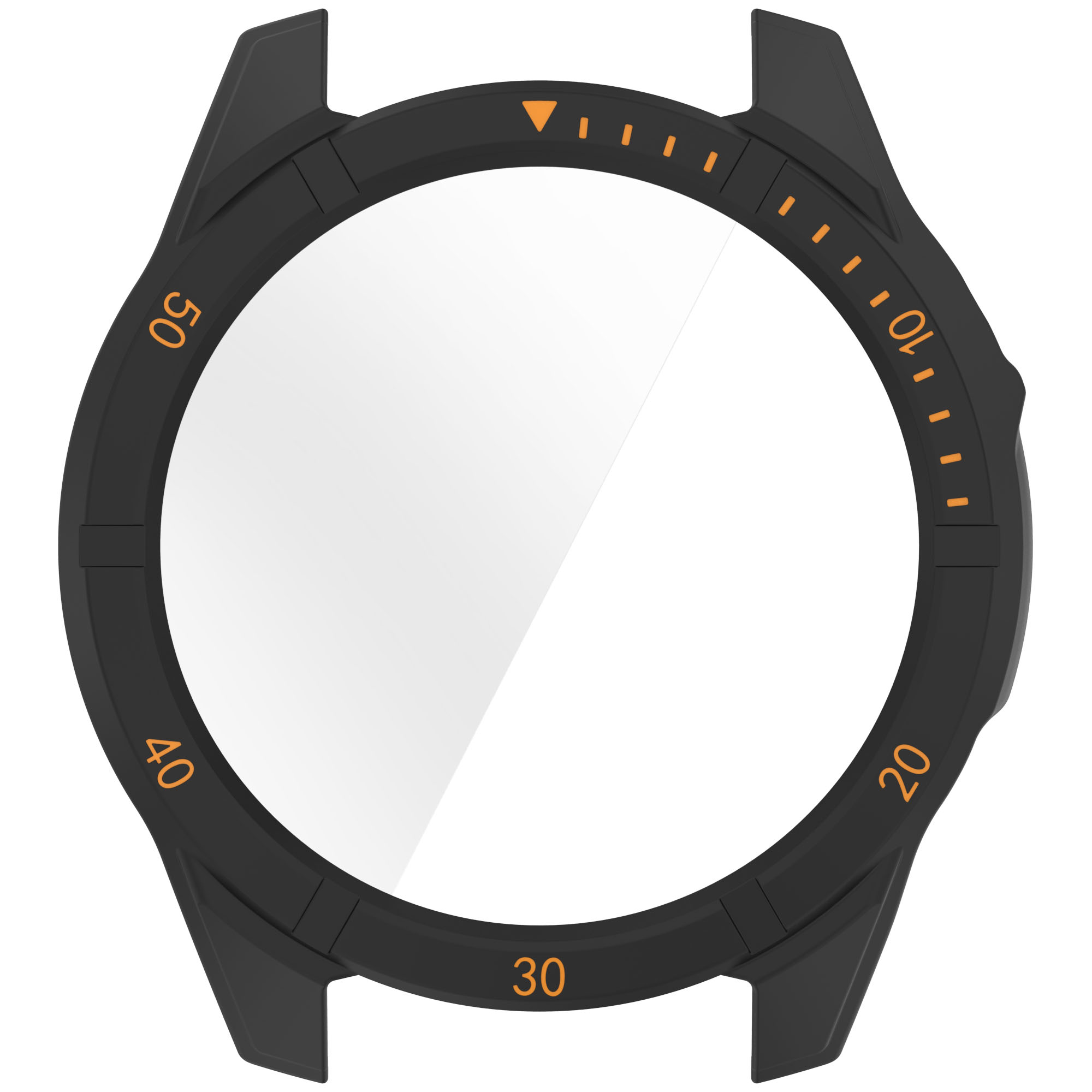 Ghiera dell'orologio nera, con indicatori arancioni e una protezione schermo trasparente.
