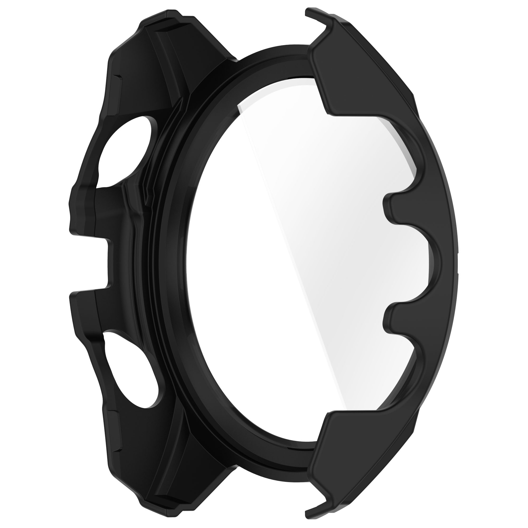 Ghiera dell'orologio nera con lente trasparente. La ghiera ha elementi laterali sporgenti.