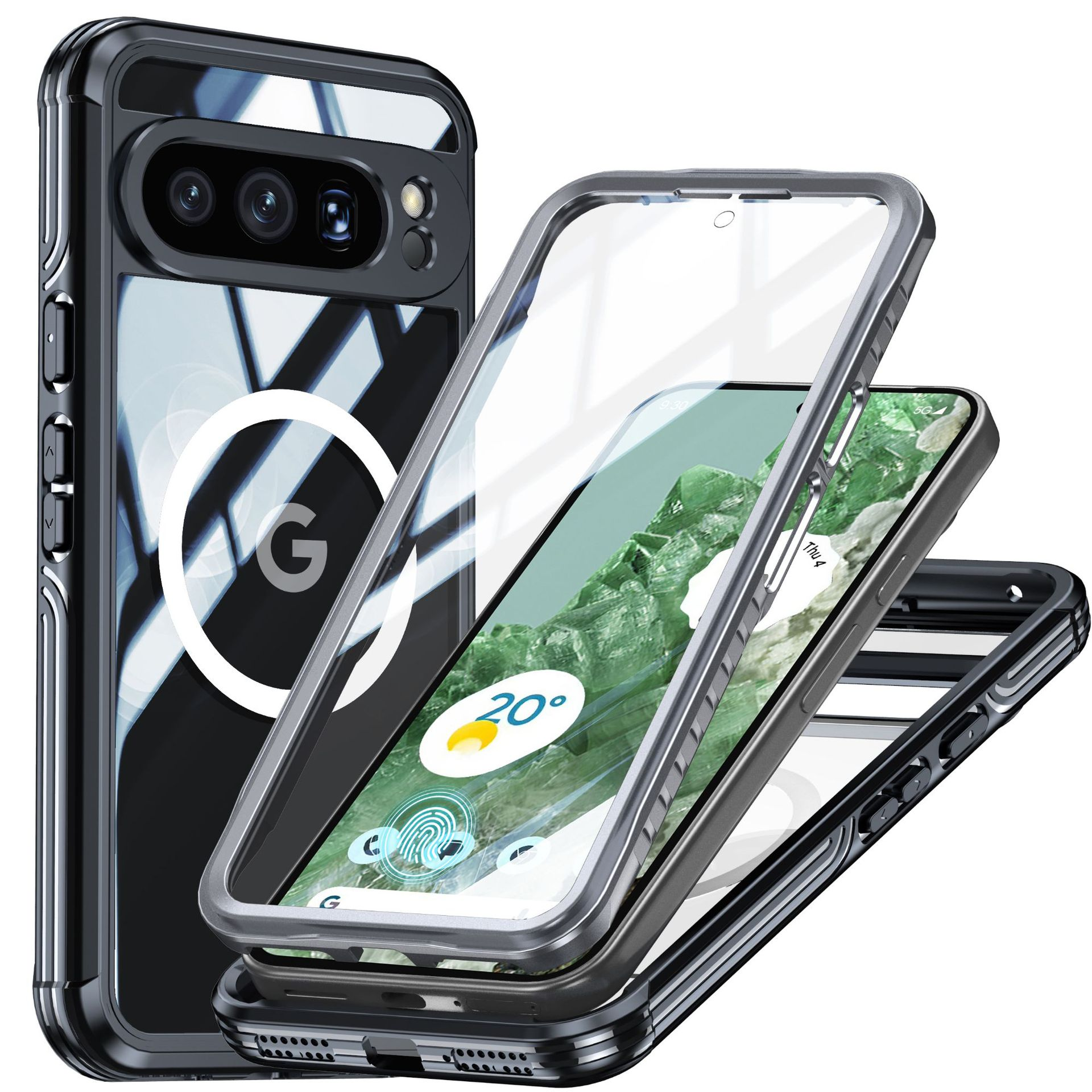 Telefono in custodia trasparente con schermo visibile e cornice staccata. Sfondo bianco con logo 'G'.