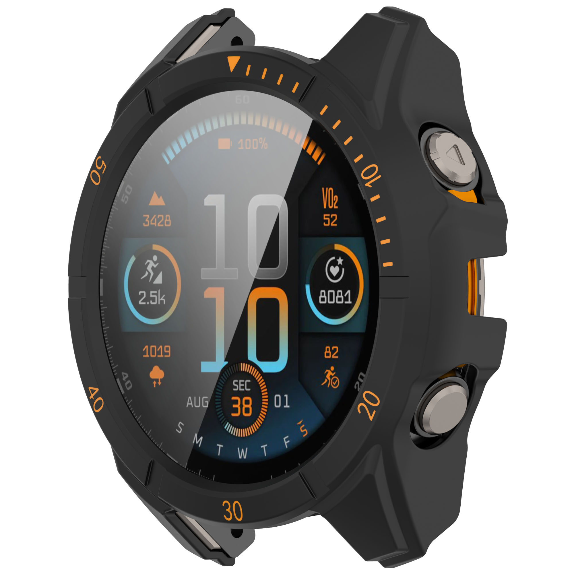 Smartwatch con cassa nera e una copertura protettiva. Segni arancioni sulla lunetta.
