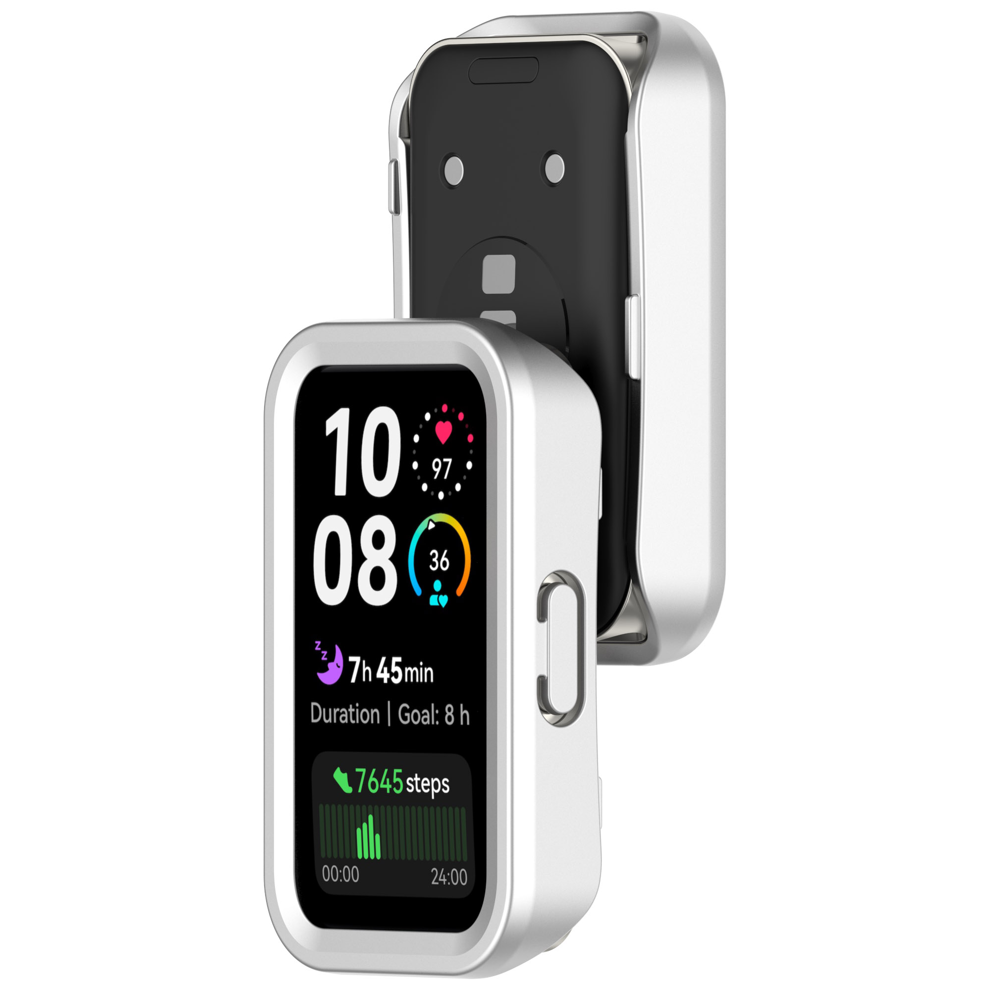 Smartwatch con cassa bianca, mostra dati. Un telefono nero dietro.