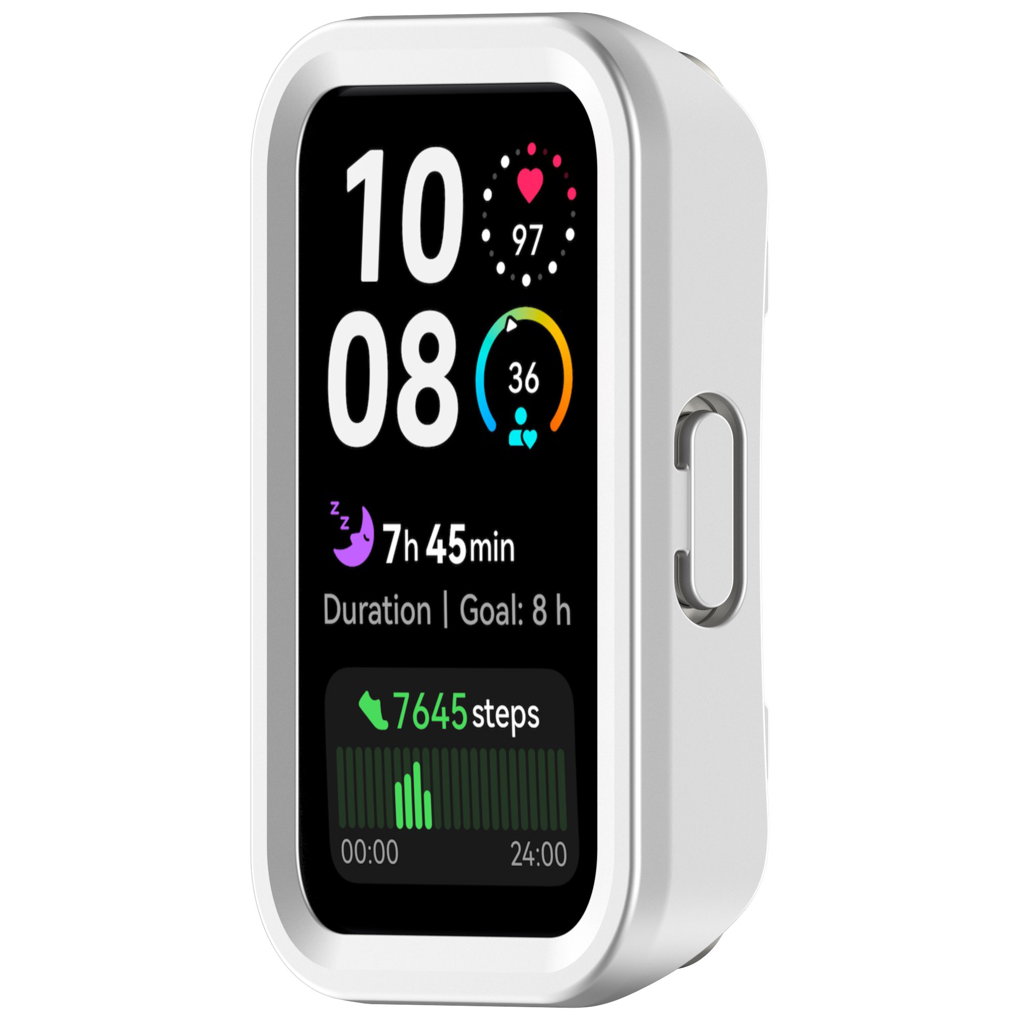Smartwatch bianco che mostra ora, passi e durata del sonno sullo schermo, con un pulsante laterale.
