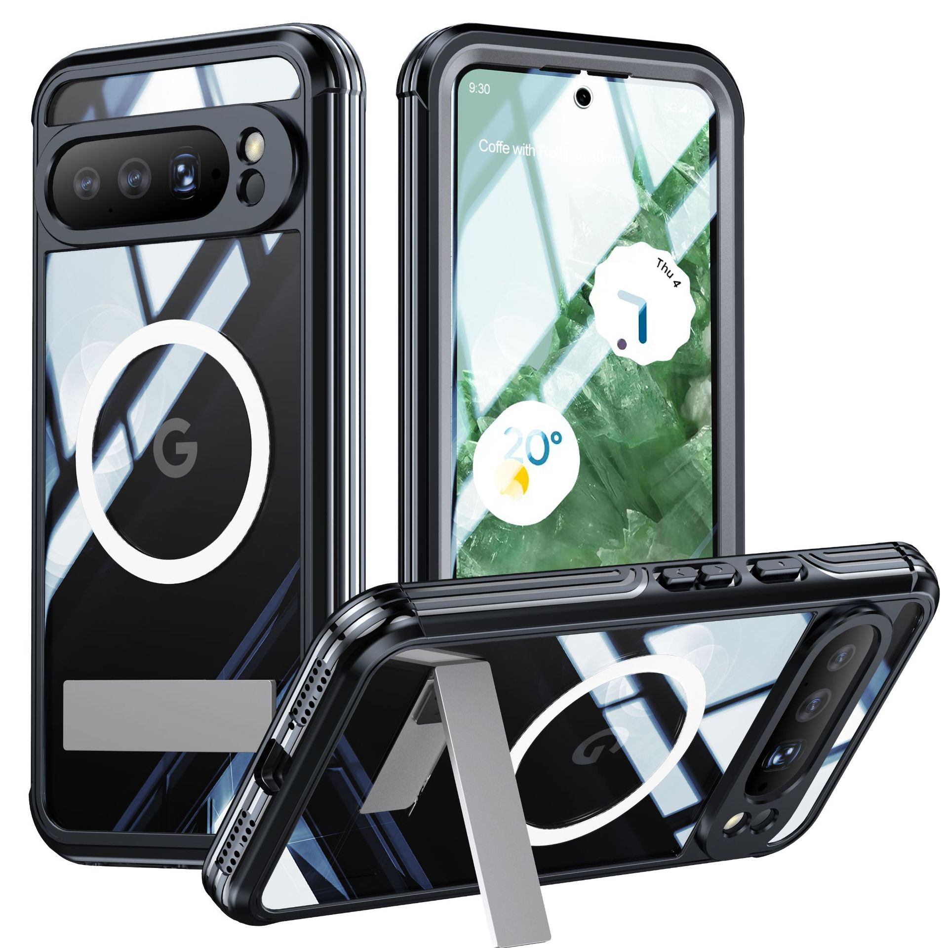 Tre custodie per telefono. Una con il telefono, due vuote. Cerchio bianco con G. Custodie nere, bianche e trasparenti.