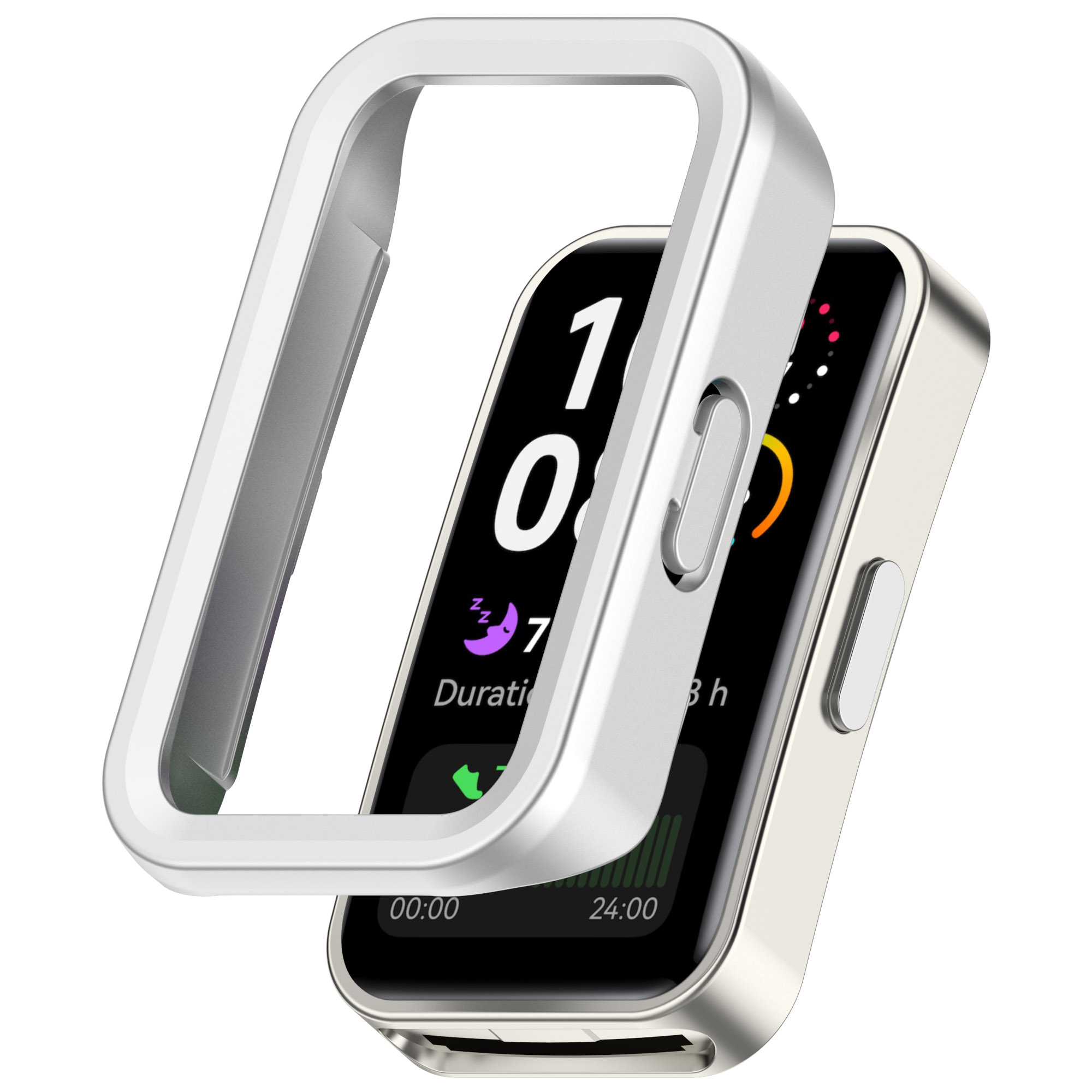 Uno smartwatch argentato con una cover bianca, che mostra uno schermo nero con dati. La cover è staccata.
