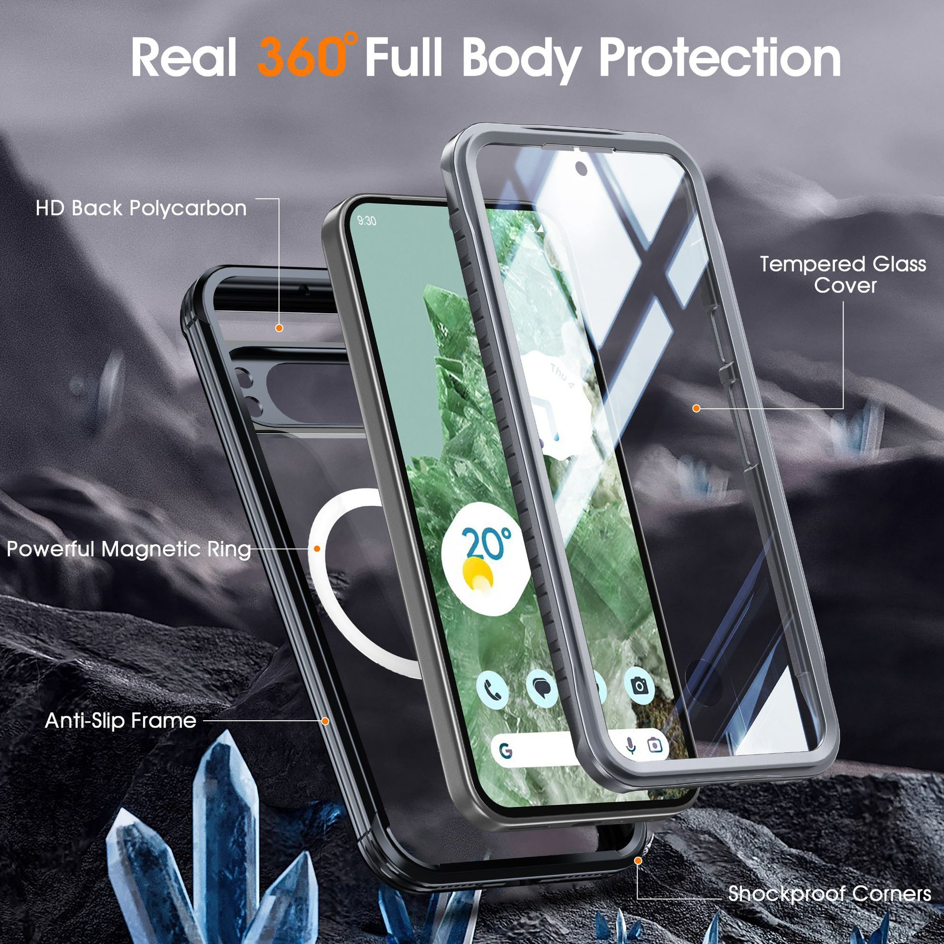 Custodia per telefono con protezione schermo, telefono e cover posteriore. Il testo etichetta le parti.