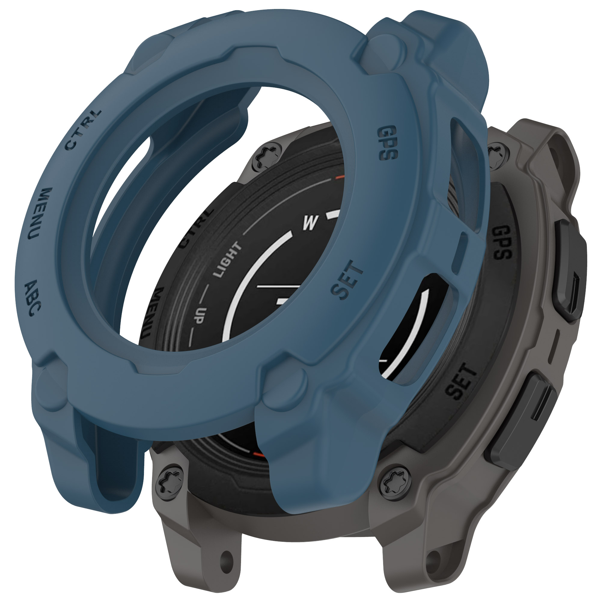 Cassa dell'orologio nera con copertura protettiva blu. Etichette: CTRL, MENU, ABC, GPS, SET.
