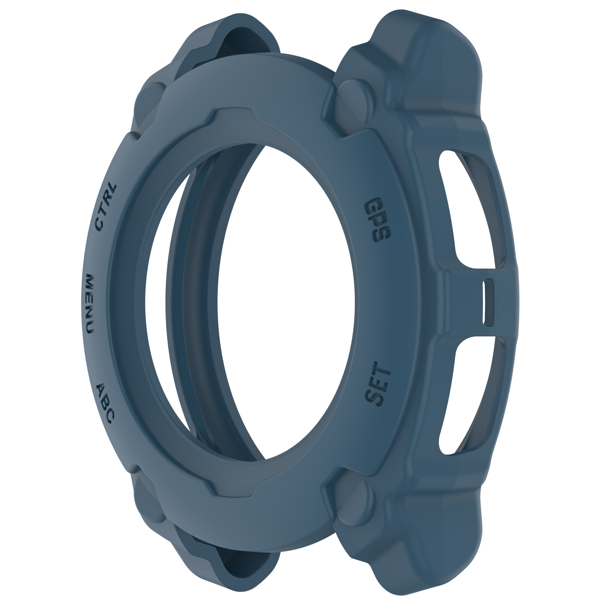 Custodia blu per smartwatch, vista frontale. Testo sul bordo: Menu, Ctrl, ABC, GPS e Set.