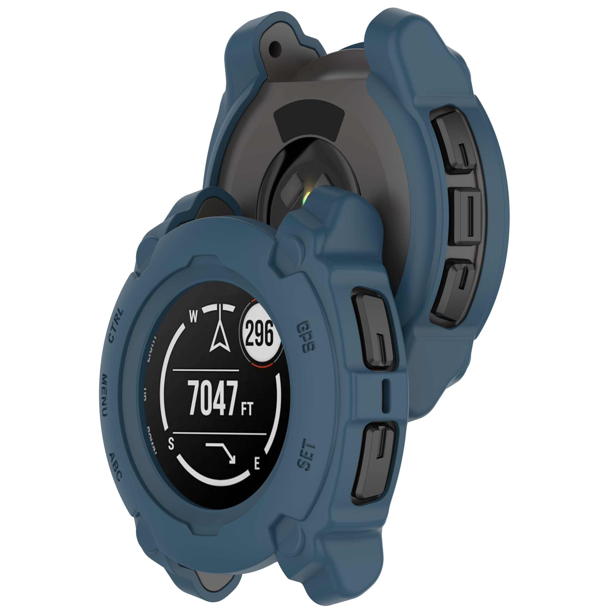 Smartwatch con cassa blu, separata in due pezzi. Lo schermo mostra navigazione e bussola.