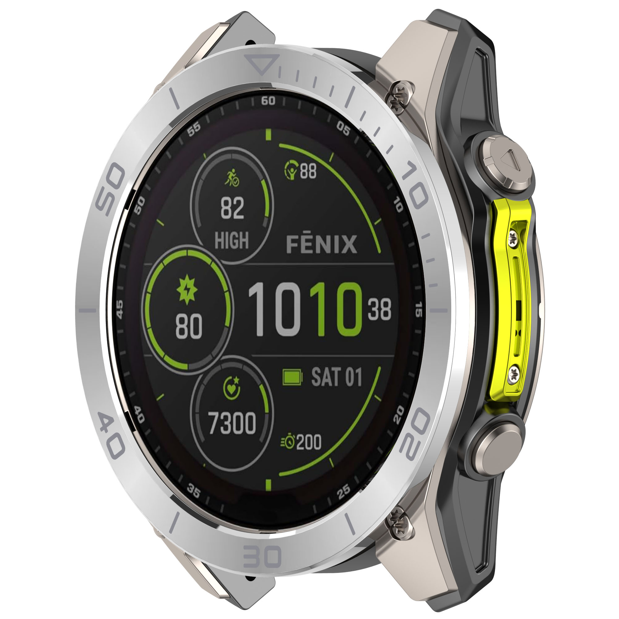 Smartwatch con lunetta argentata, dettagli neri e gialli, mostra dati.