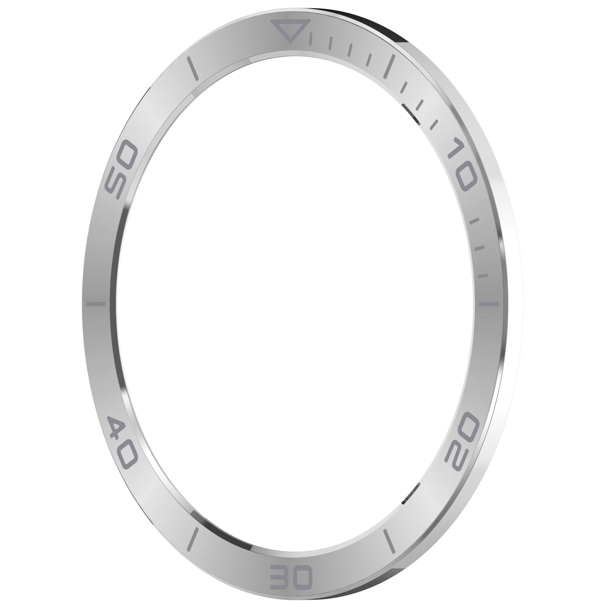 Lunetta d'orologio argentata con numeri e segni bianchi. I numeri indicano incrementi di tempo.