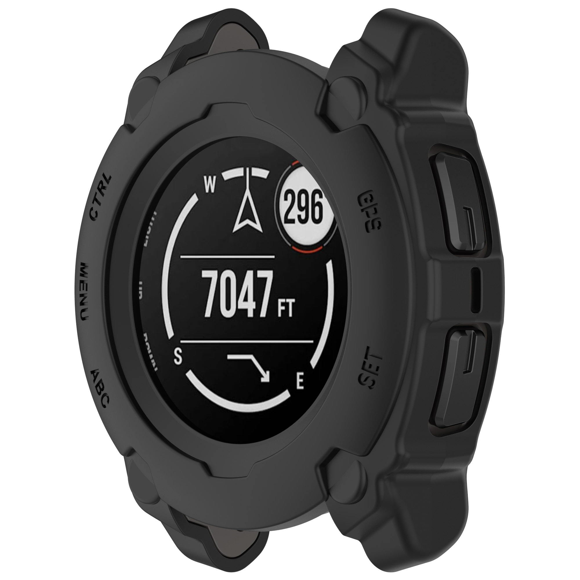 Smartwatch nero con cassa nera. Lo schermo mostra dati di altitudine, bussola e GPS.