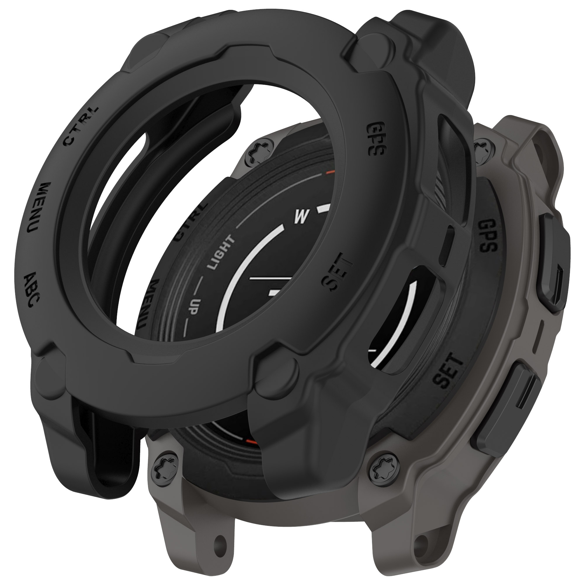 Smartwatch con custodia protettiva nera, che mostra uno schermo e informazioni di navigazione.