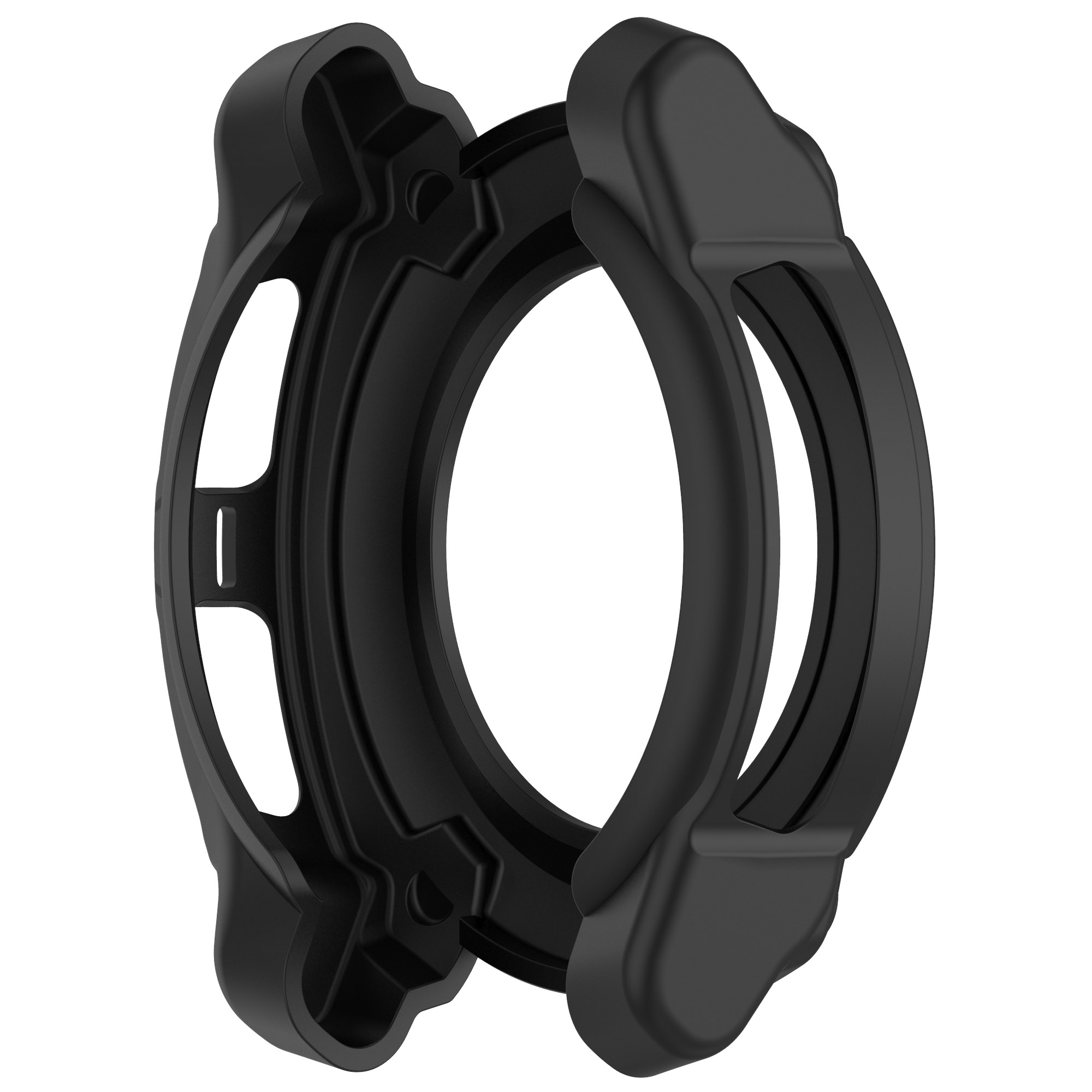 Cassa dell'orologio nera, design aperto. Ha una forma arrotondata con intagli, per proteggere l'orologio.