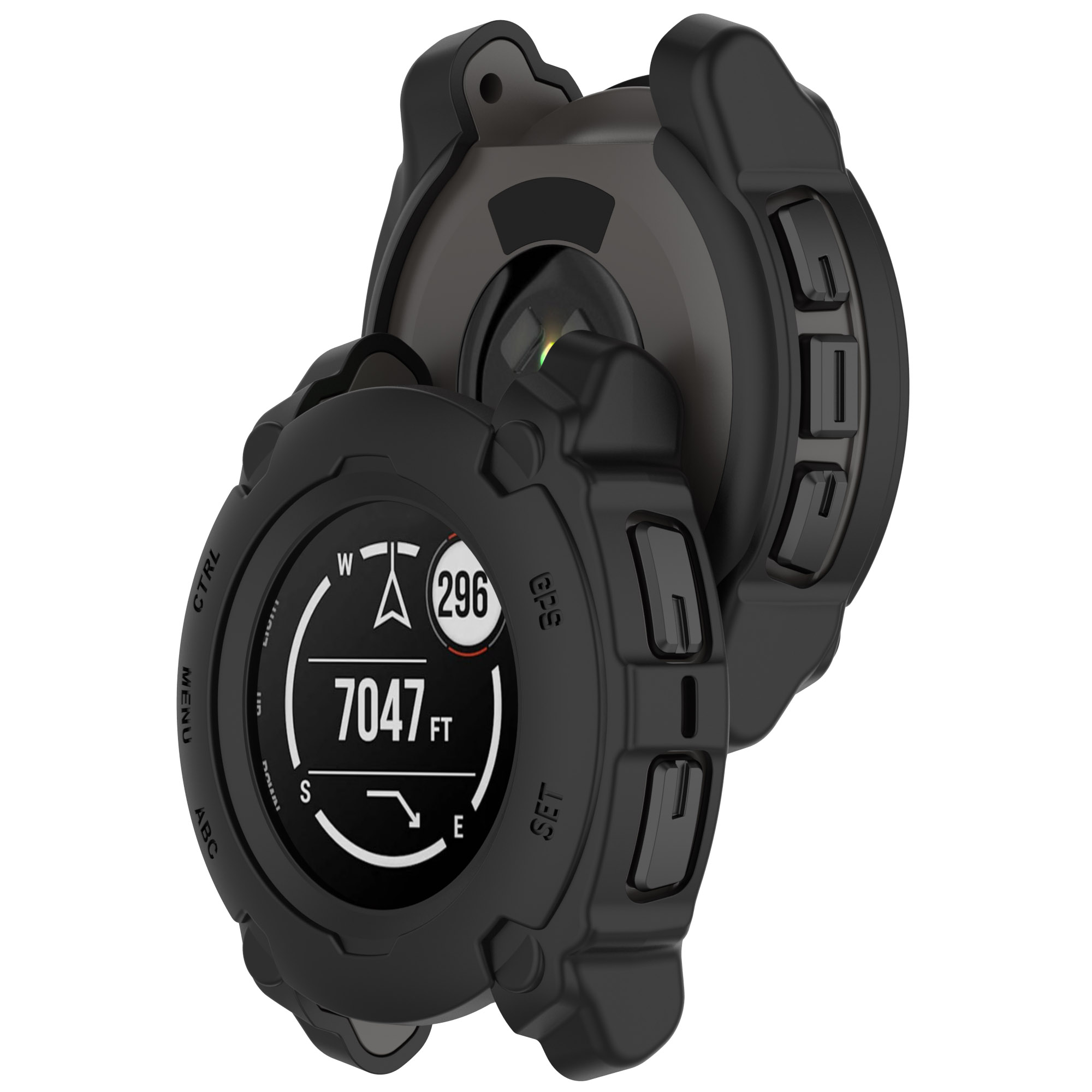 Orologio nero con due coperture protettive. Il quadrante mostra dati, numeri bianchi e frecce.