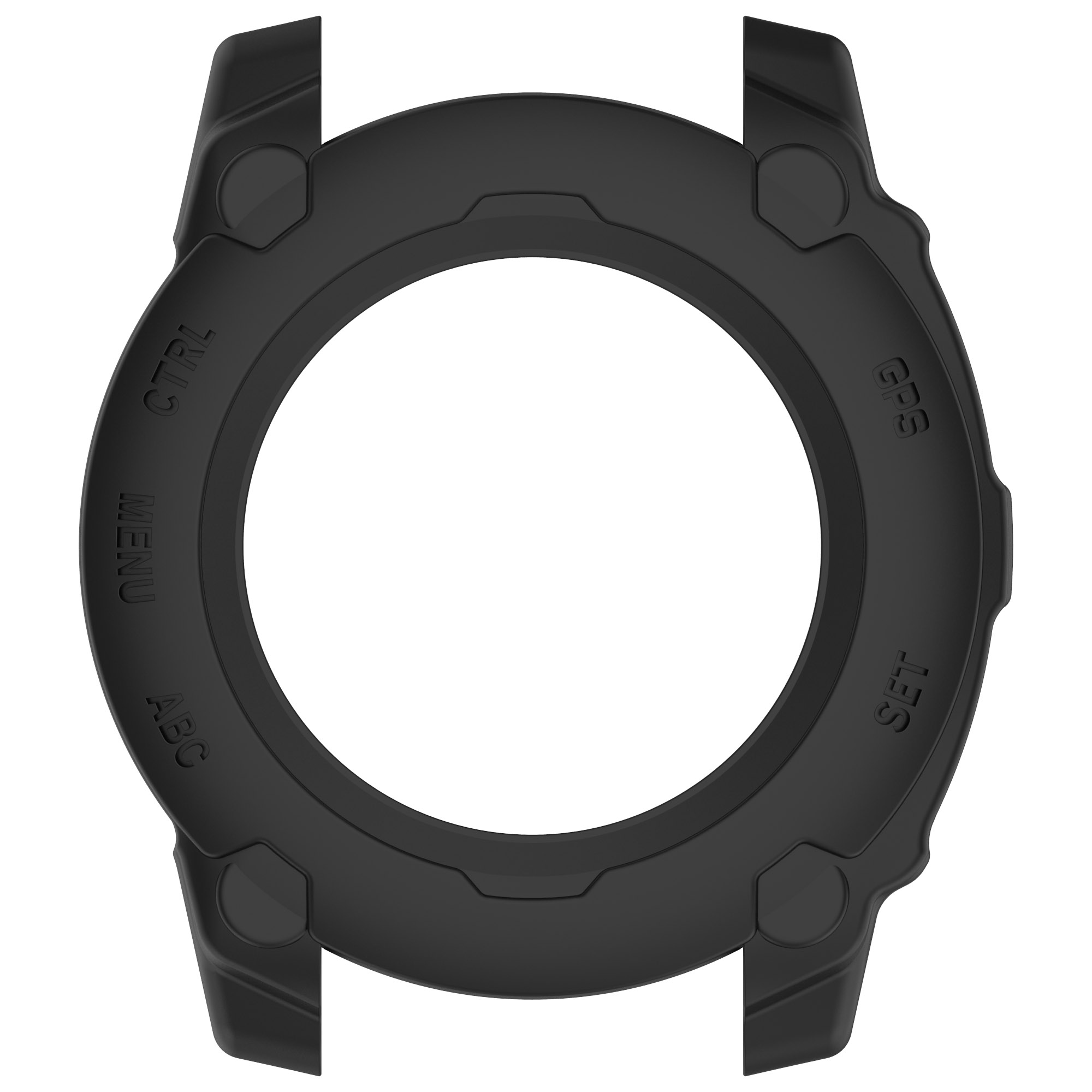 Lunetta di orologio nera, sagomata per adattarsi a un quadrante, con indicazioni per MENU, CTRL, GPS e SET.