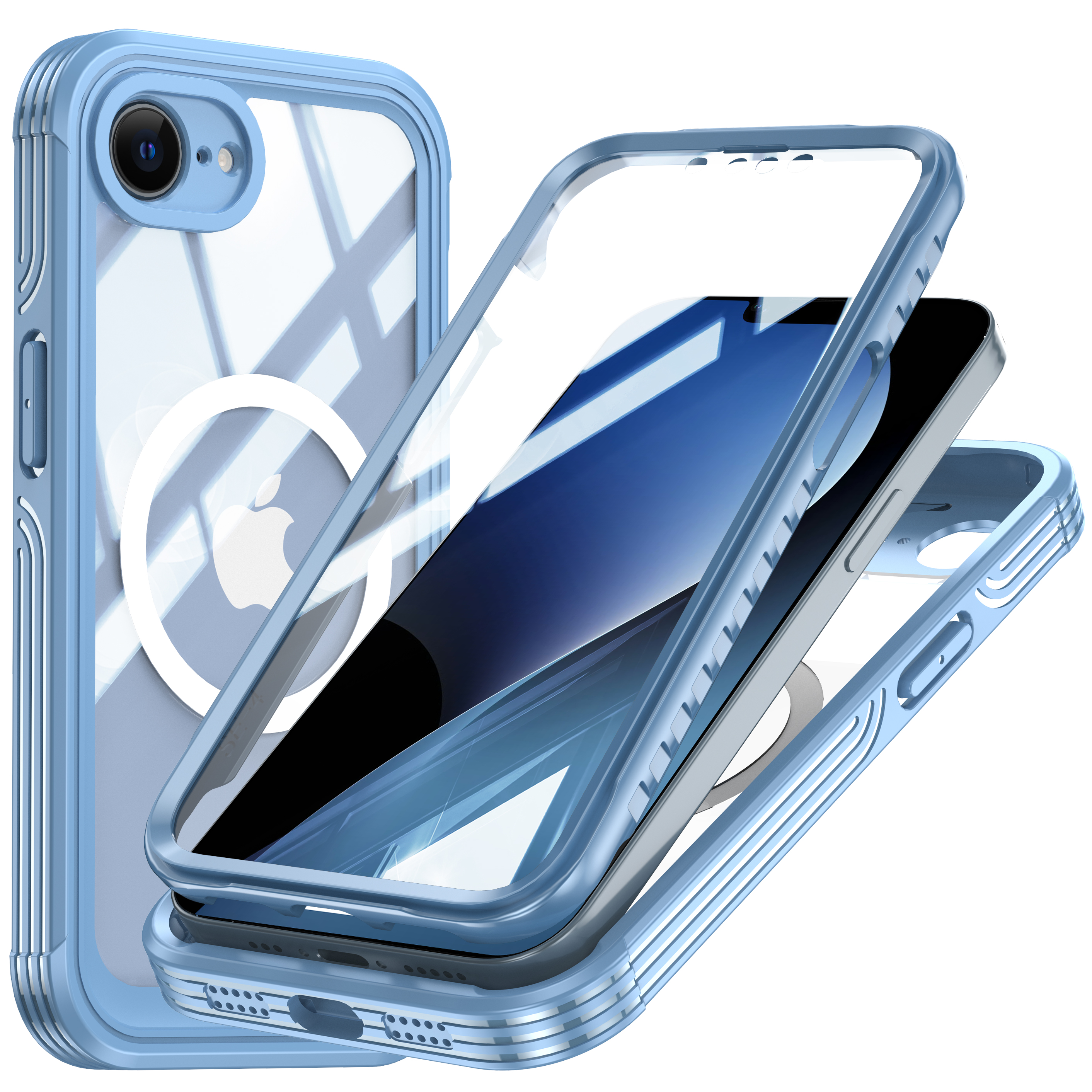 Custodia blu per telefono con telefono all'interno, retro trasparente e logo Apple visibile.