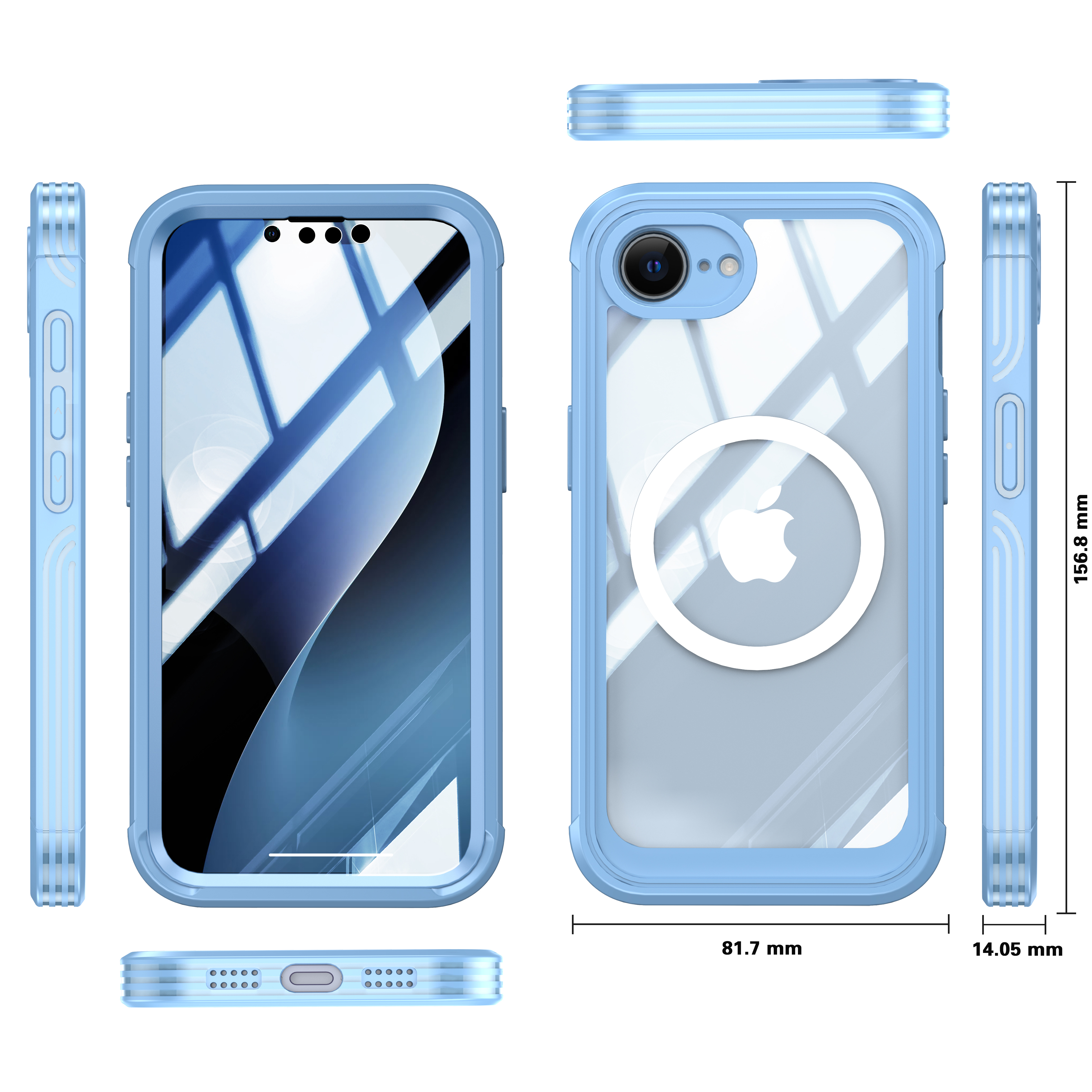 Custodia per telefono blu, che mostra il telefono da più angolazioni con linee dimensionali.