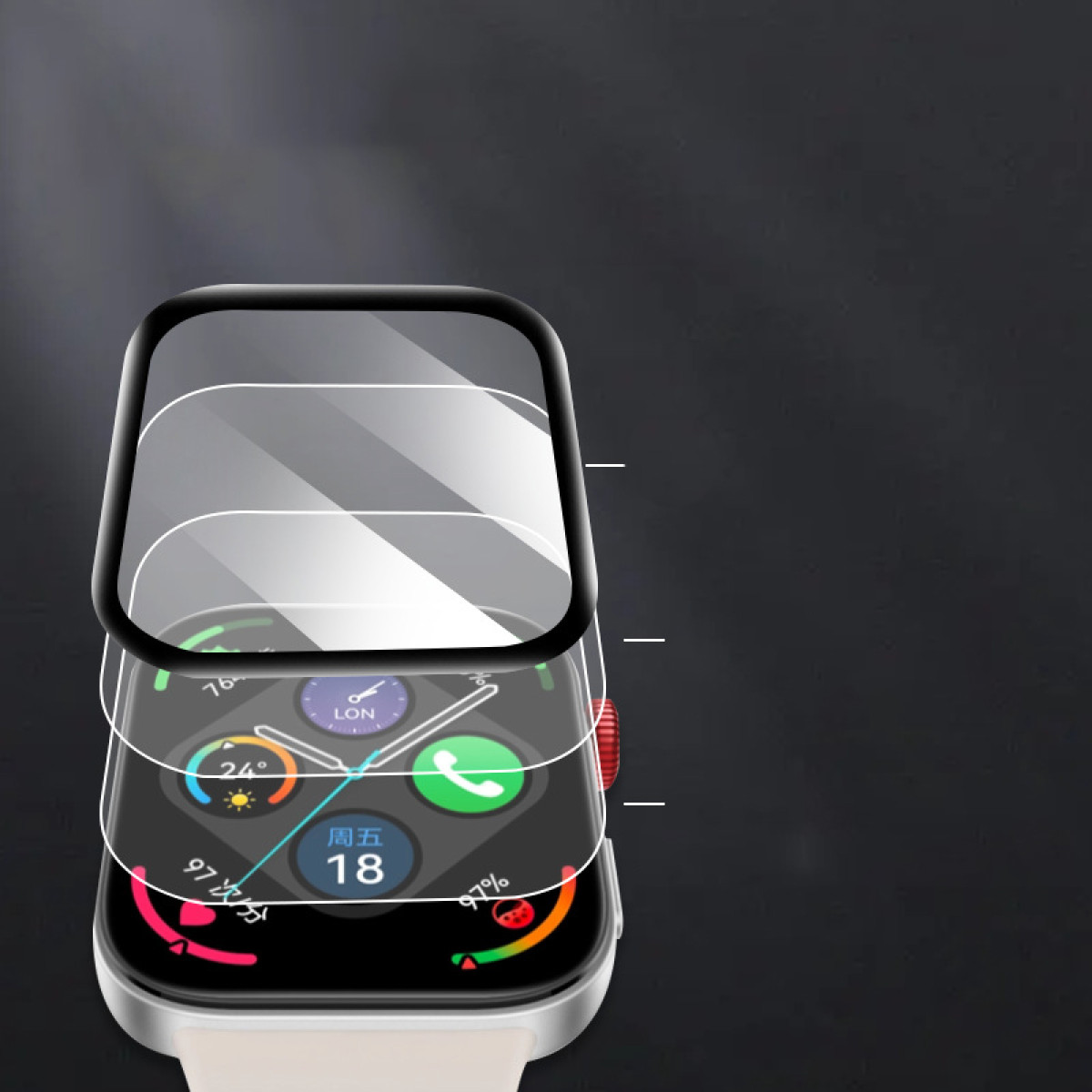 Schermo smartwatch con strati protettivi sovrapposti. Dati meteo e ora visibili.