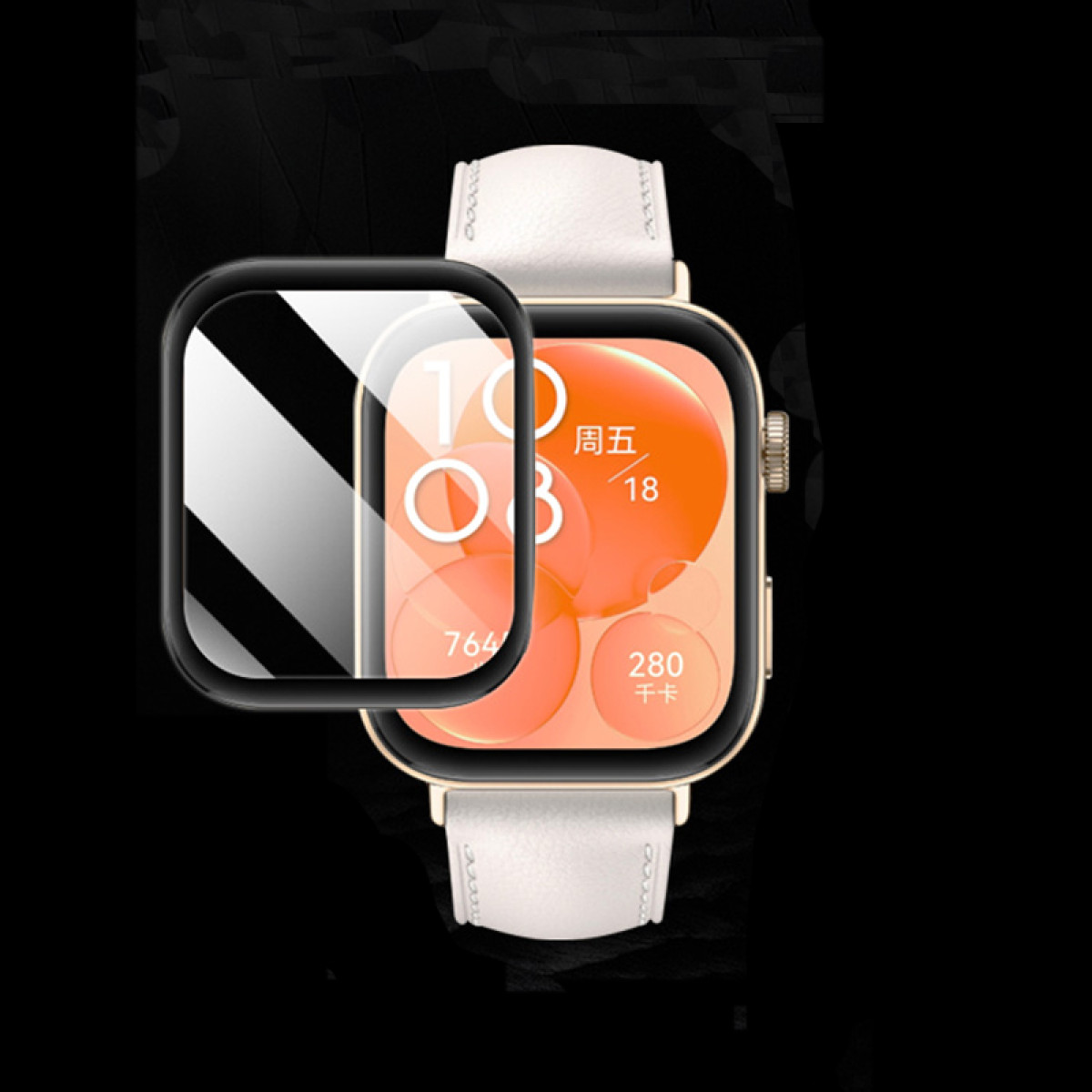 Smartwatch e protezione schermo. L'orologio mostra l'ora e caratteri cinesi su sfondo pesca.