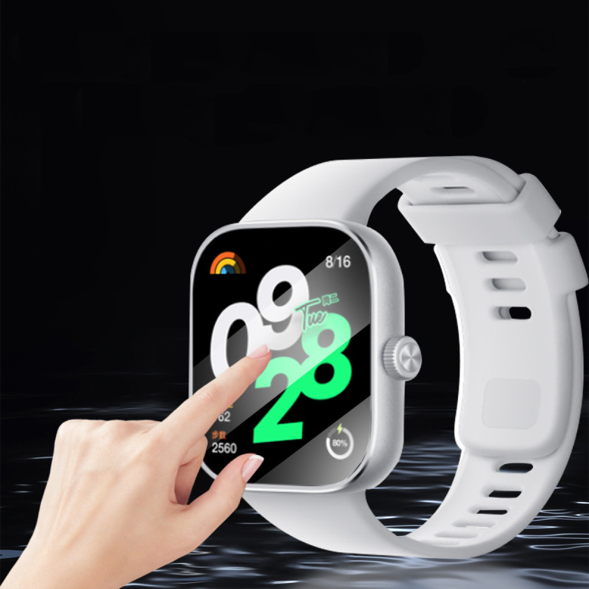 Smartwatch con visualizzazione dell'ora e mano che tocca lo schermo. Mostra passi, batteria e icona arcobaleno.