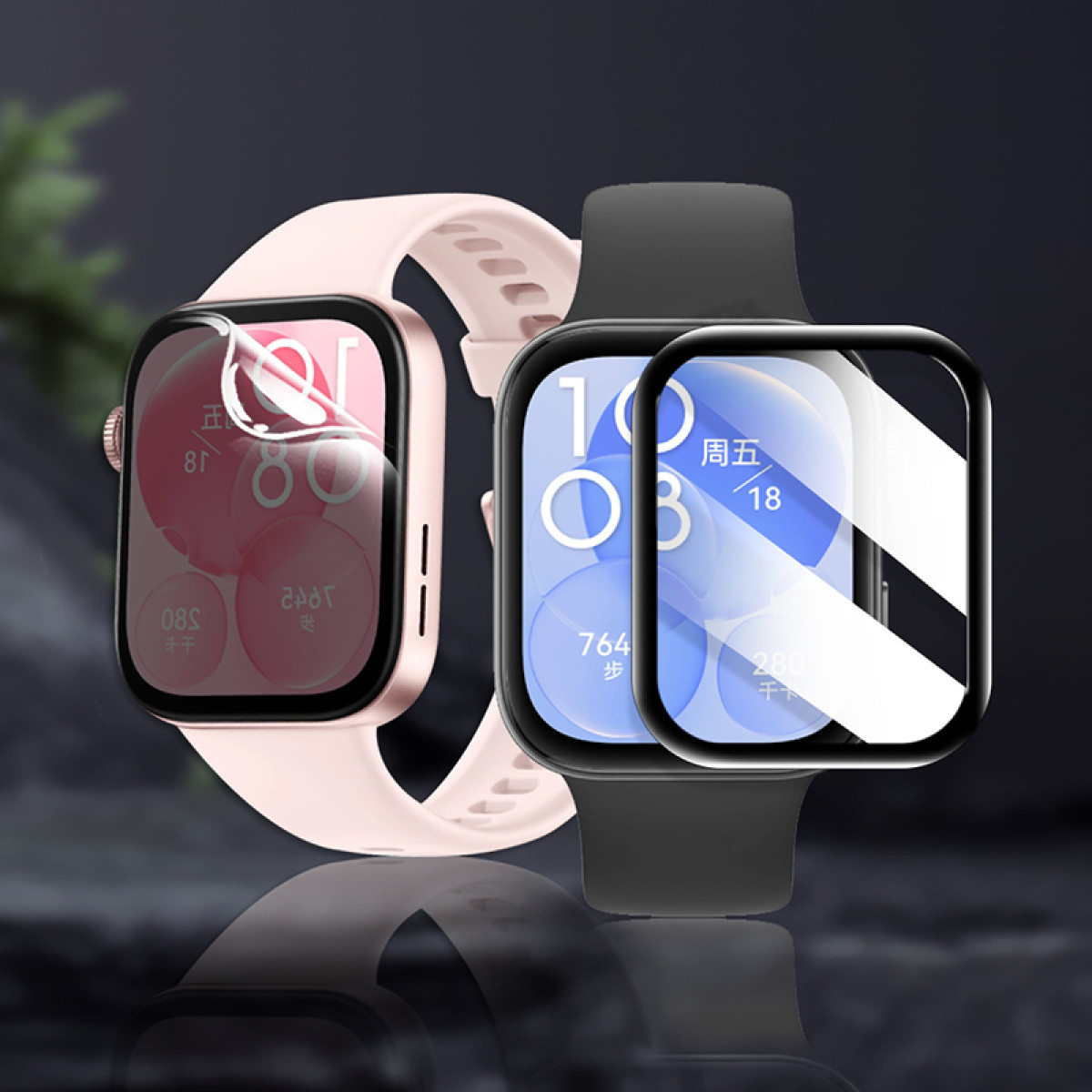 Due smartwatch. Uno con cinturino rosa mostra dati; l'altro è nero e mostra dati.