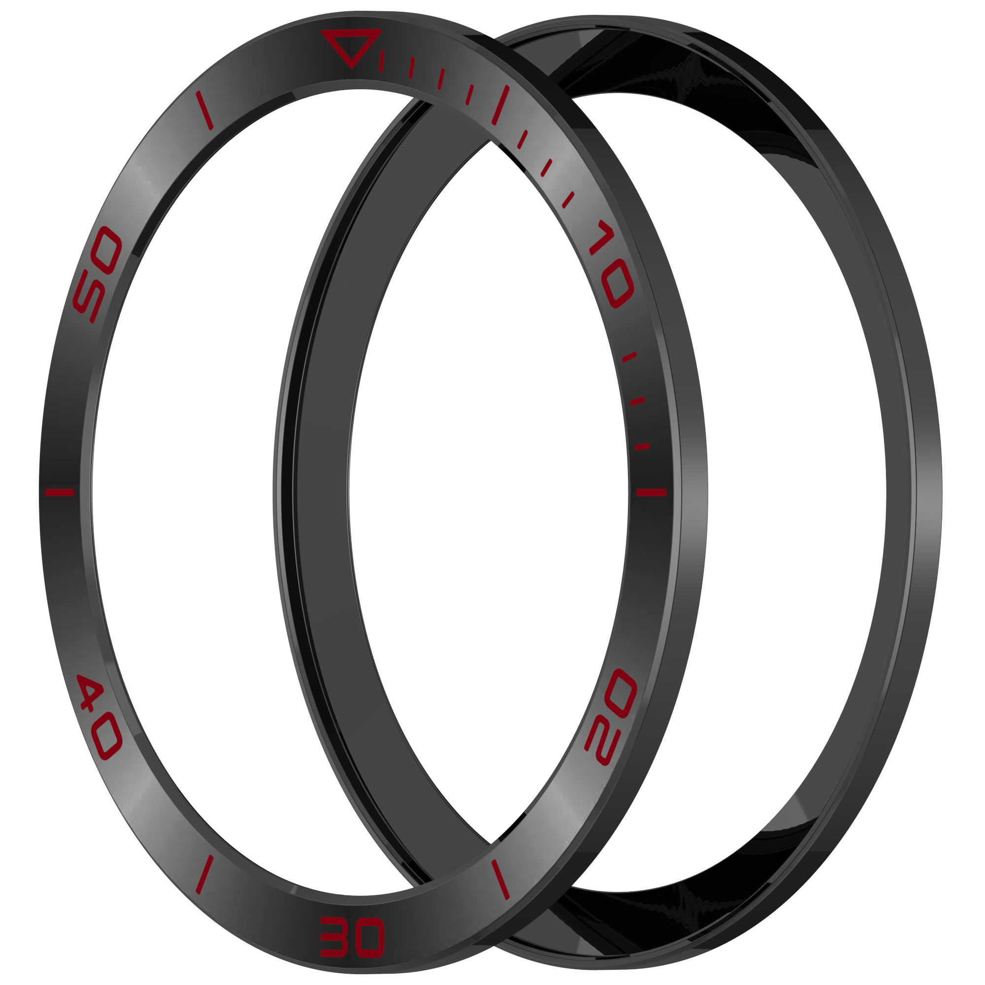 Due lunette di orologio nere con numeri rossi. Una lunetta ha un triangolo rosso in alto.