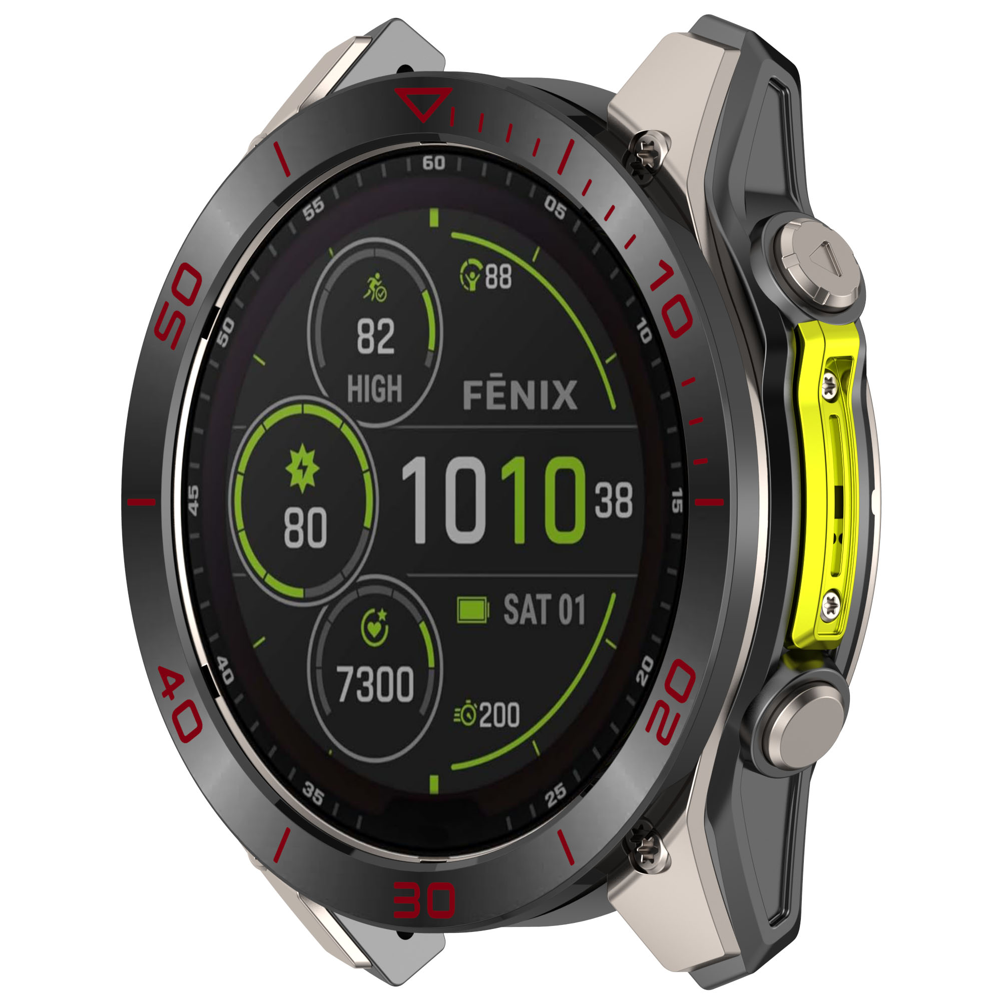 Smartwatch argento e nero con display digitale. Pulsante giallo sul lato. Dettagli visibili.