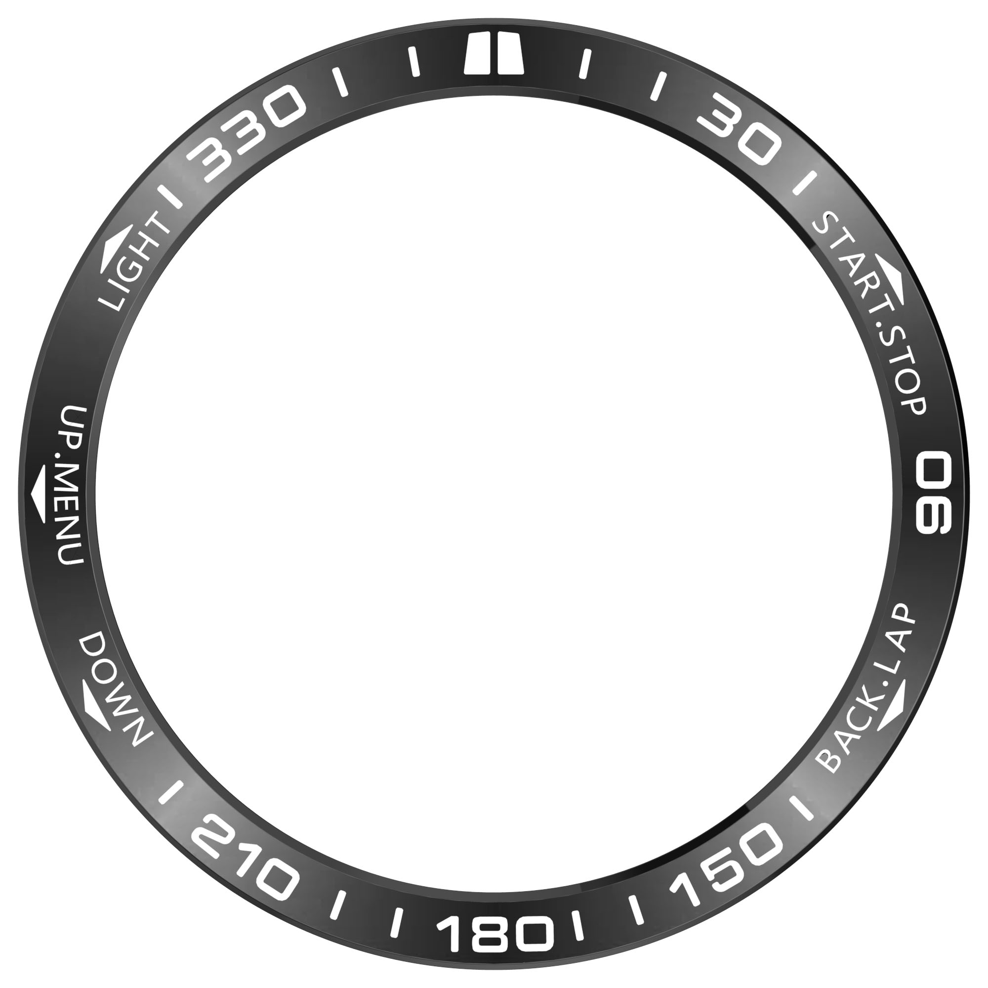 Schwarze Lünette mit weißen Zahlen und Markierungen. Zahlen bei 30, 90, 150, 180, 210, 330.