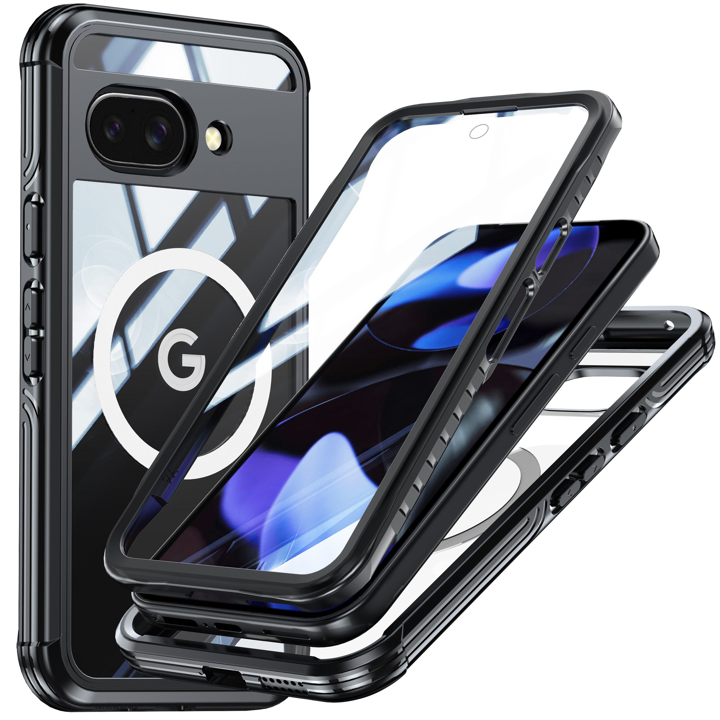 Custodia trasparente con cornice nera, telefono con logo Google.