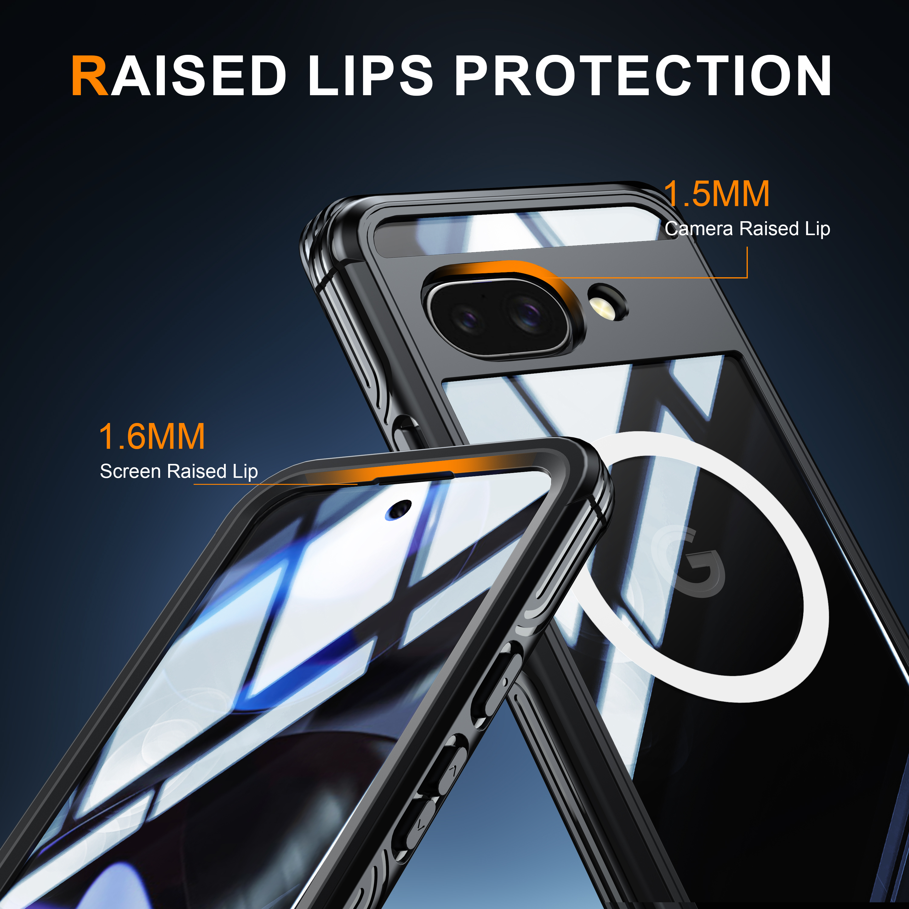 Telefono con protezione schermo. Mostra protezione labbro rialzata. Testo: schermo da 1,6 mm e fotocamera da 1,5 mm.