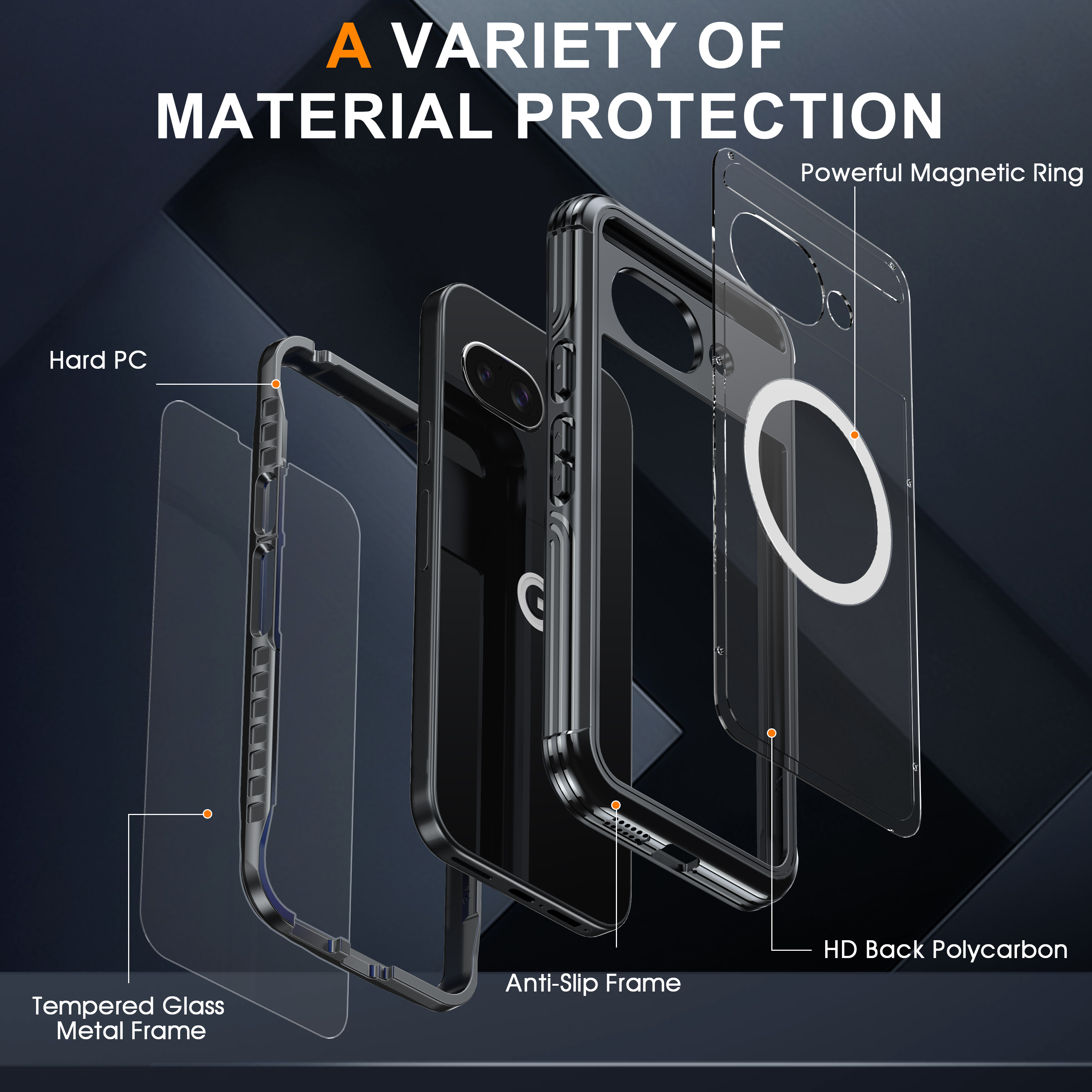 Una vista esplosa di una custodia per telefono che mostra gli strati: PC rigido, vetro temperato, telaio antiscivolo e un anello magnetico.