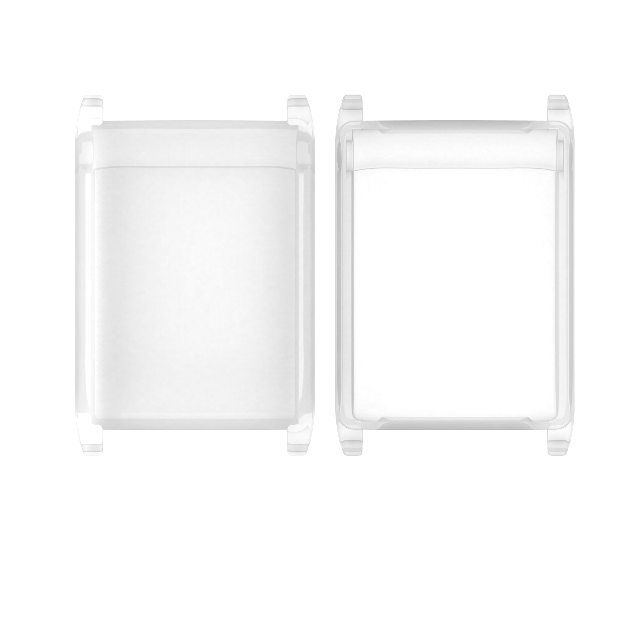 Zwei transparente Plastikbehälter auf weißem Hintergrund.