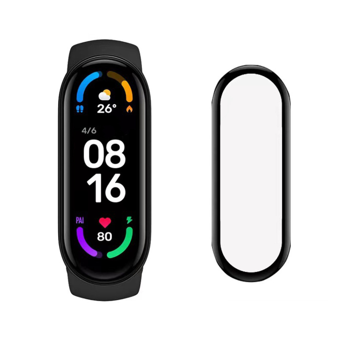 Fitness tracker nero che mostra dati. Accanto c'è una protezione schermo bianca.