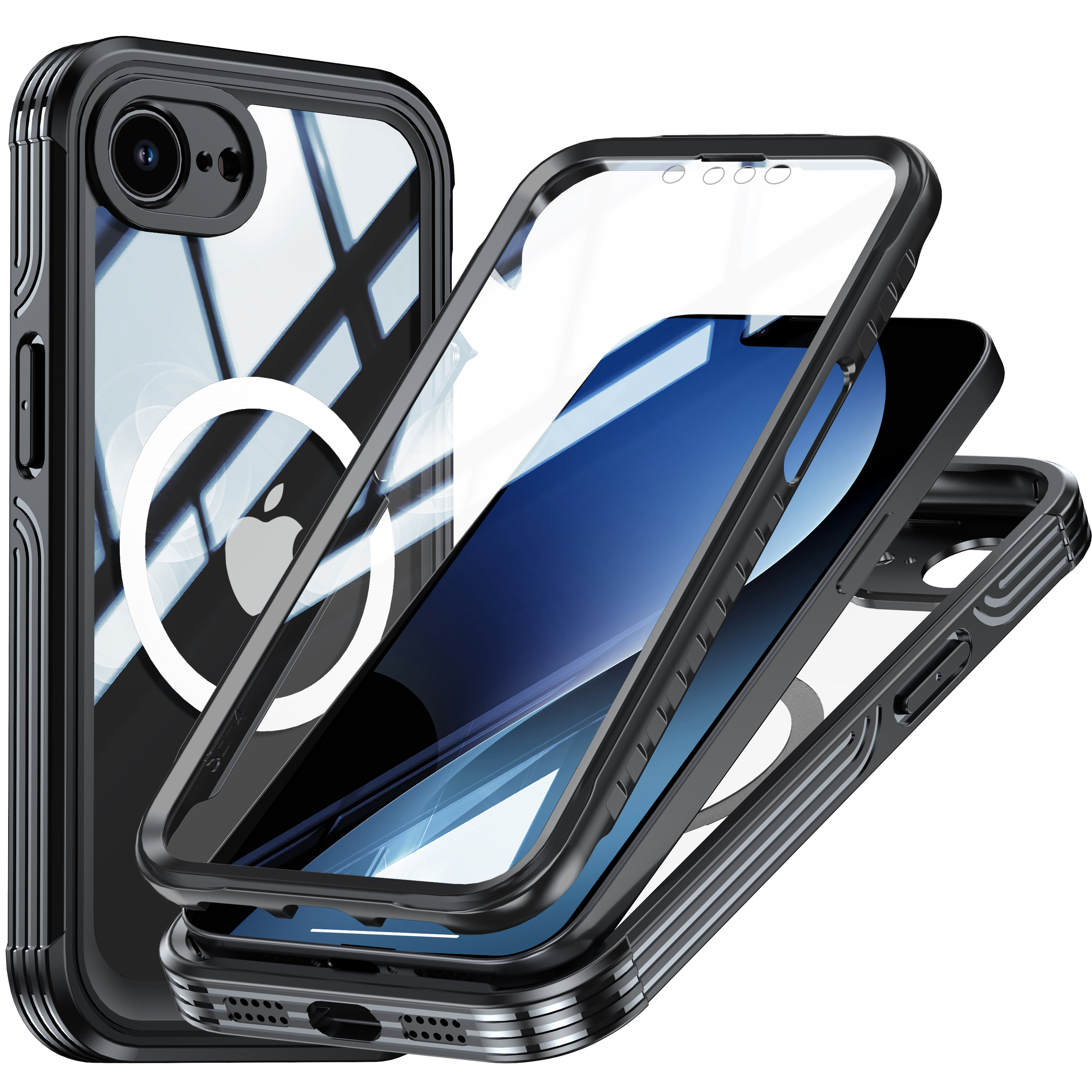 Telefono con custodia protettiva. La custodia è trasparente, rivelando un logo Apple.