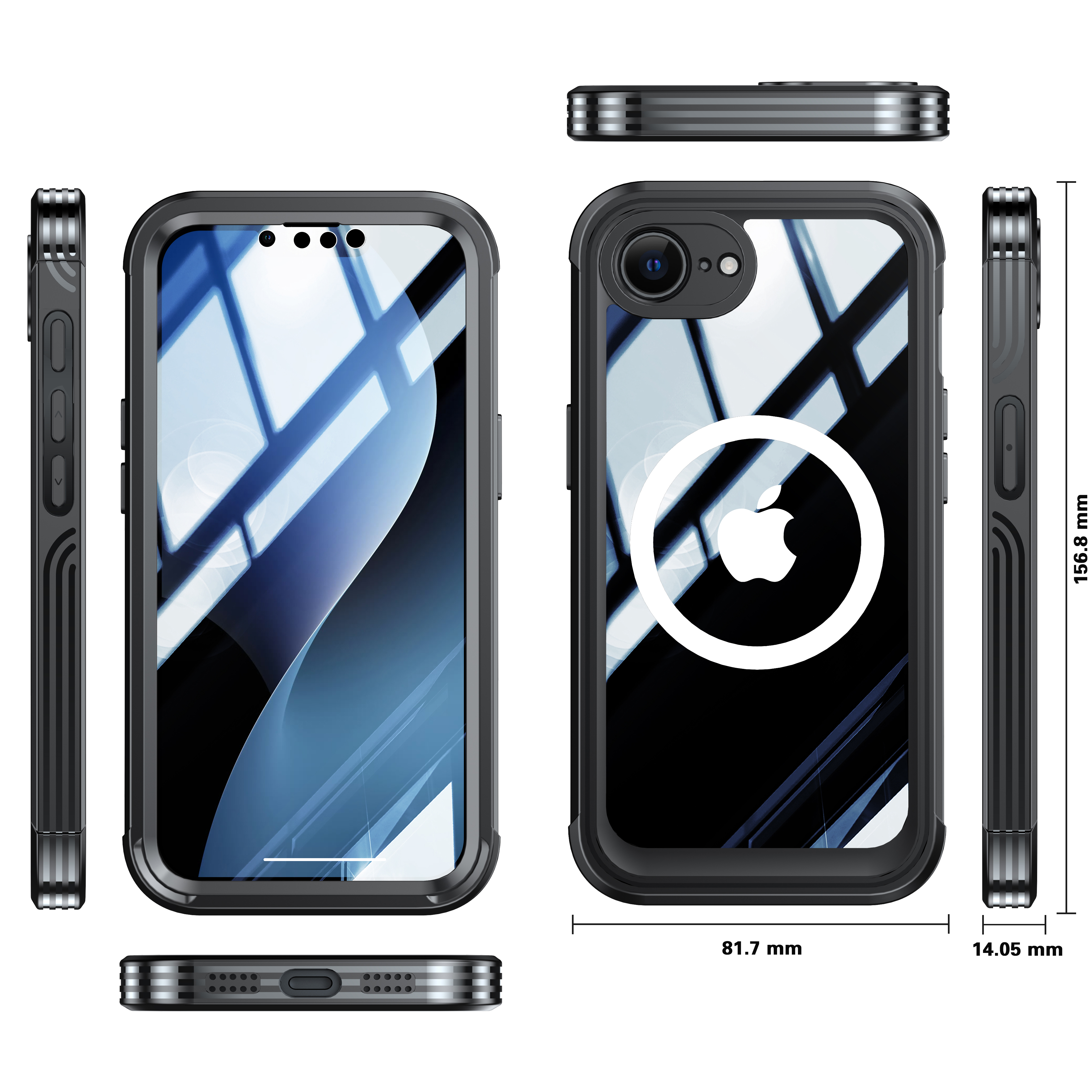 Custodia nera per telefono che mostra un telefono con il logo Apple, con dimensioni e viste laterali.
