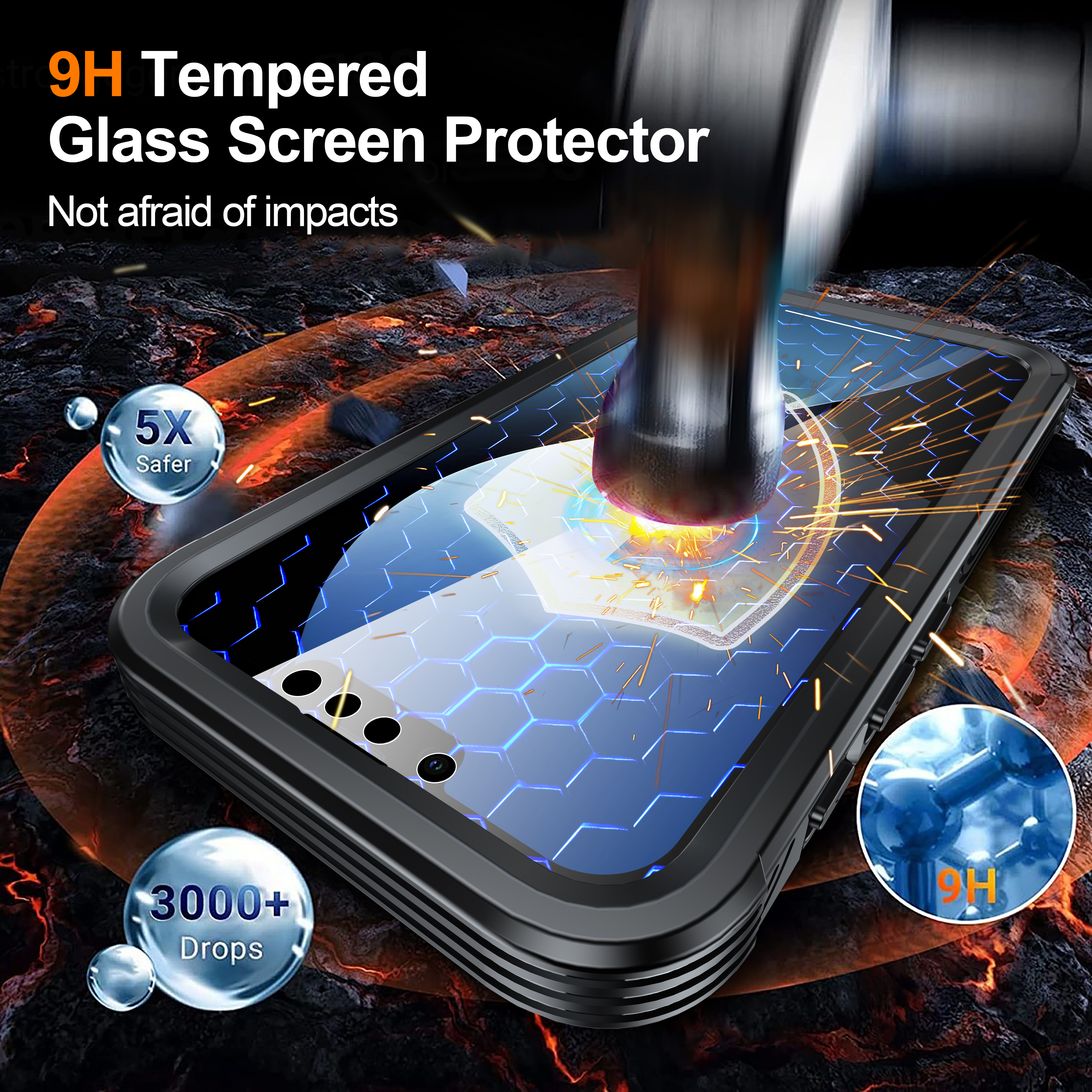 Smartphone con protezione schermo. Testo: vetro temperato 9H, 5 volte più sicuro, +3000 cadute. Protezione dagli urti.
