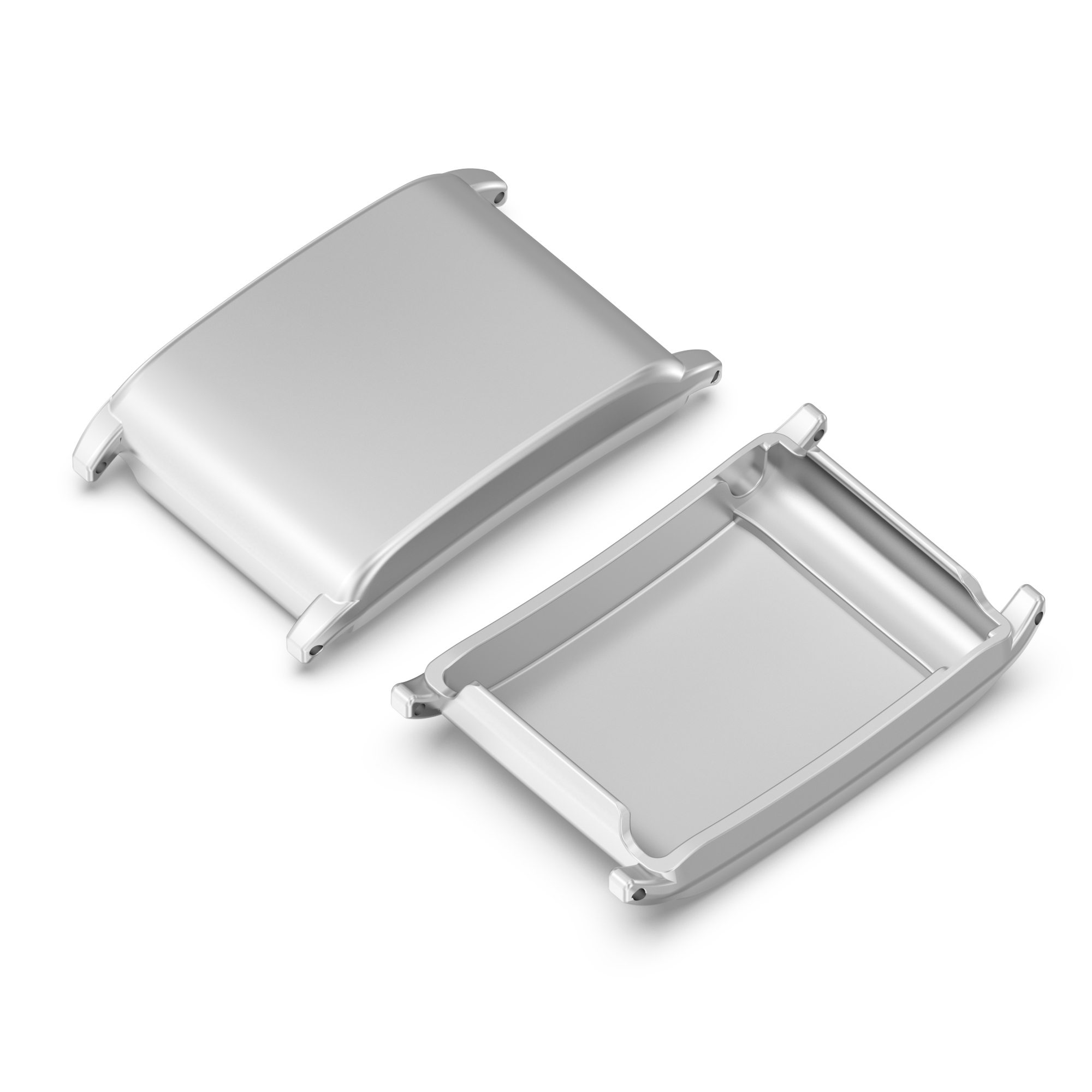 Zwei silberne Metallgehäuse, eines offen, auf weißem Hintergrund.