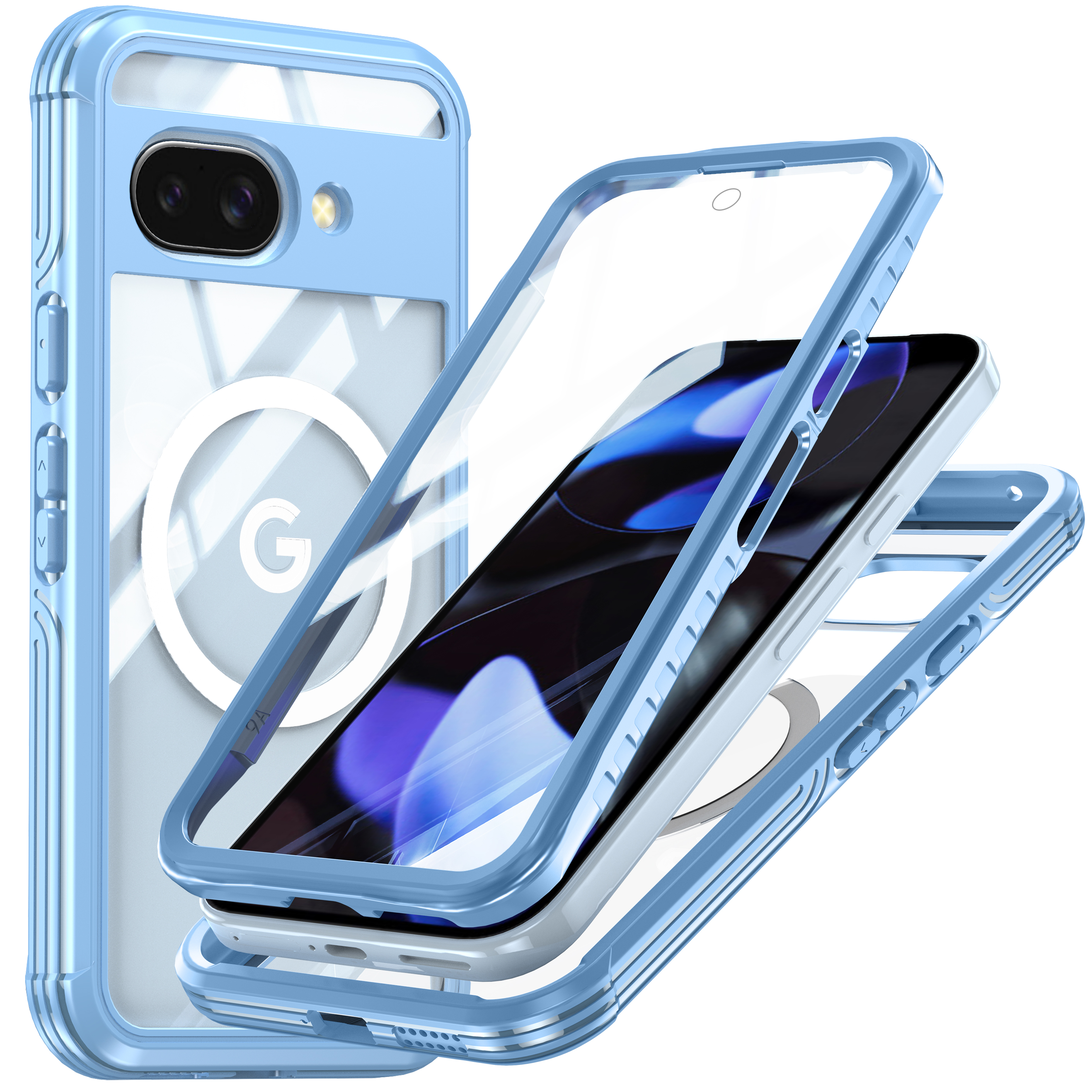 Custodia per telefono con cornice blu e protezione schermo. Un telefono è all'interno.