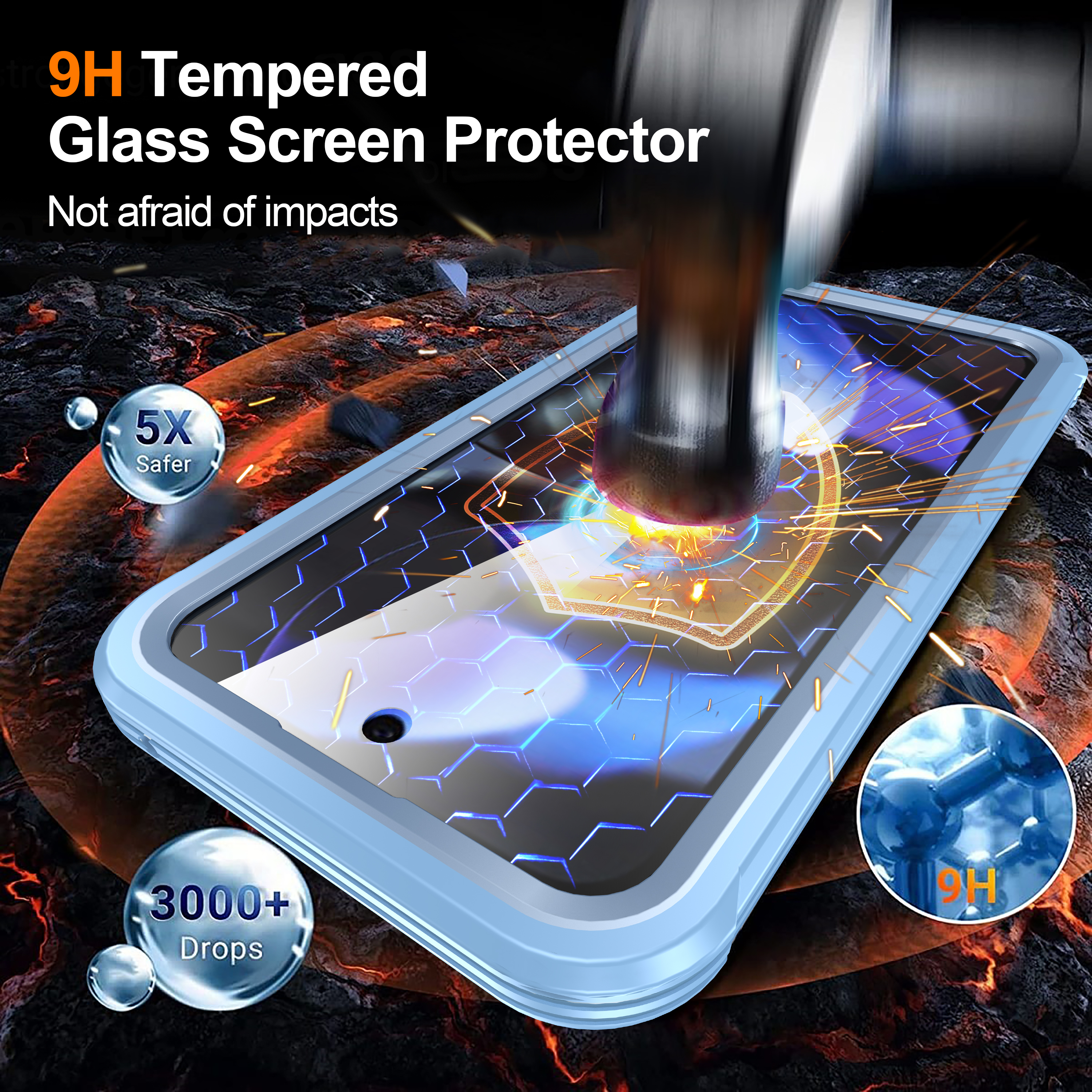 Proteggi schermo in vetro temperato con test di impatto con martello.