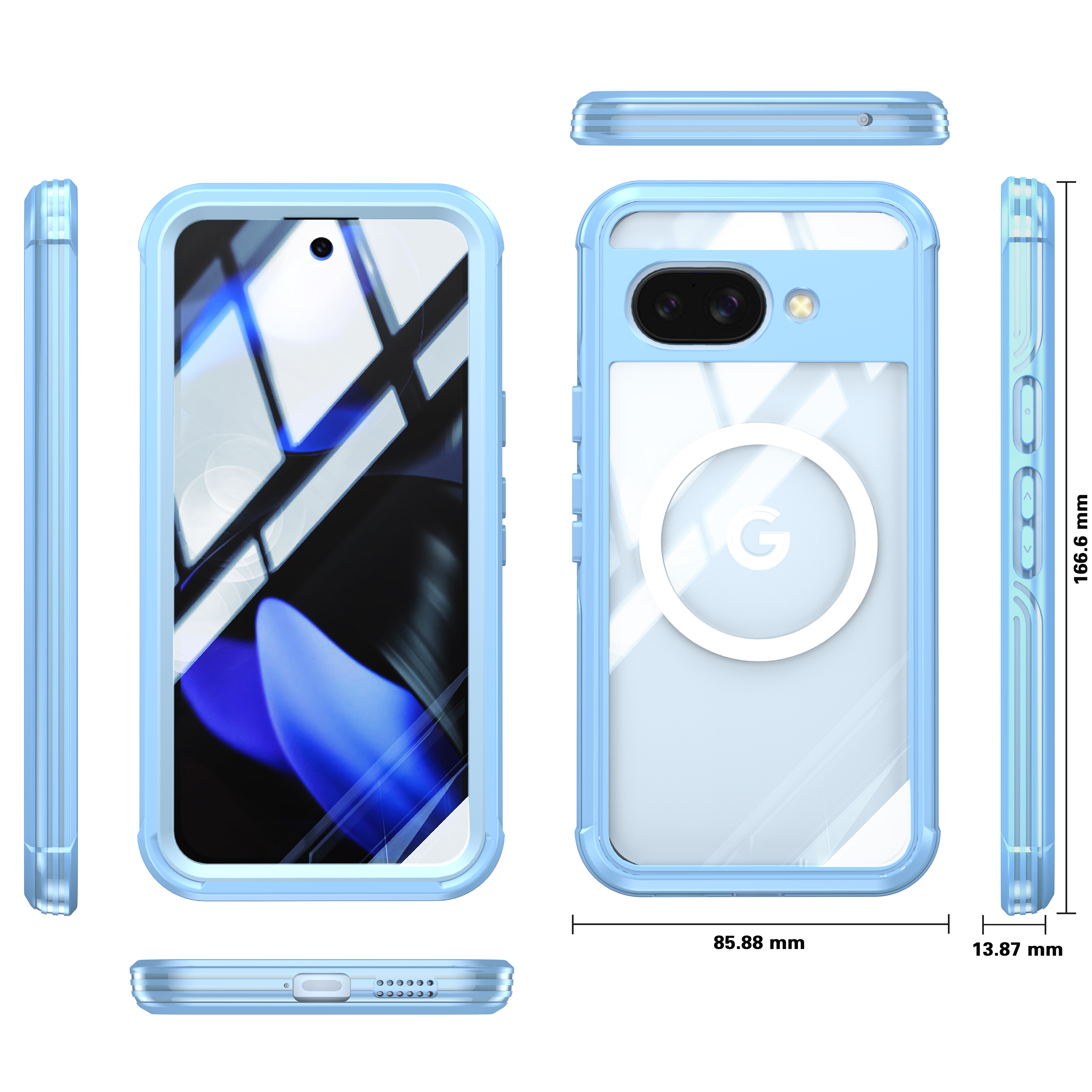Custodia per telefono blu con telefono all'interno che mostra schermo chiaro e logo Google. Vista laterale con dimensioni.