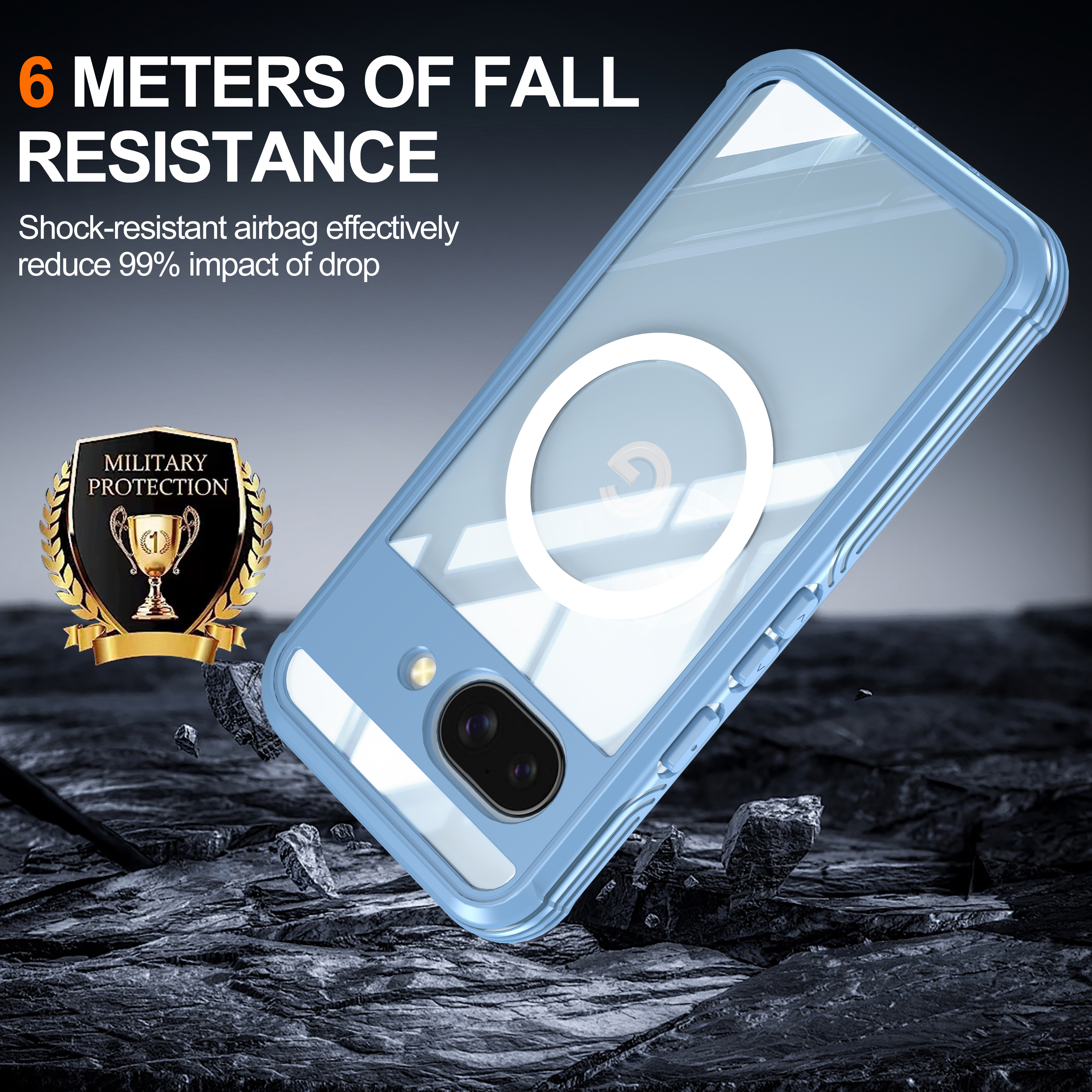 Custodia per telefono con testo, logo e immagine del telefono. La custodia è blu.