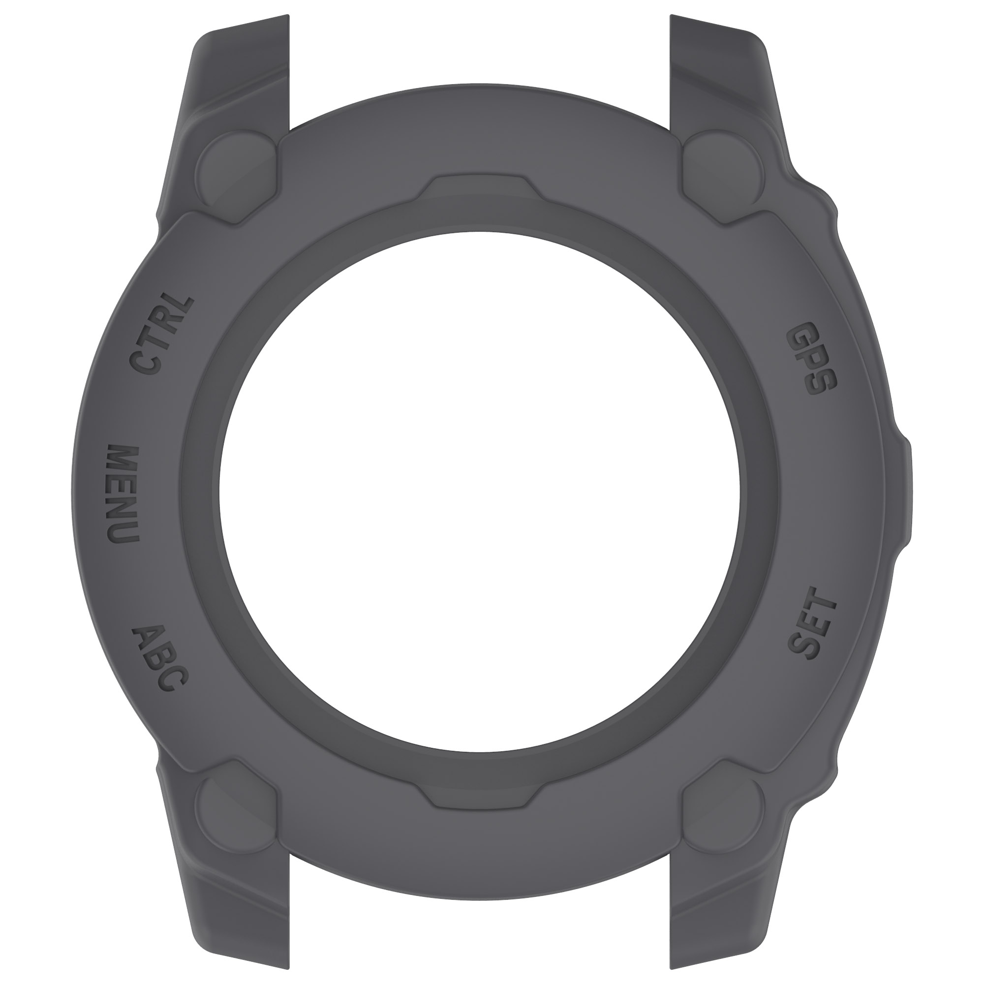Ghiera grigia dell'orologio con marcature di controllo: MENU, ABC, CTRL, GPS, SET. Sfondo bianco.