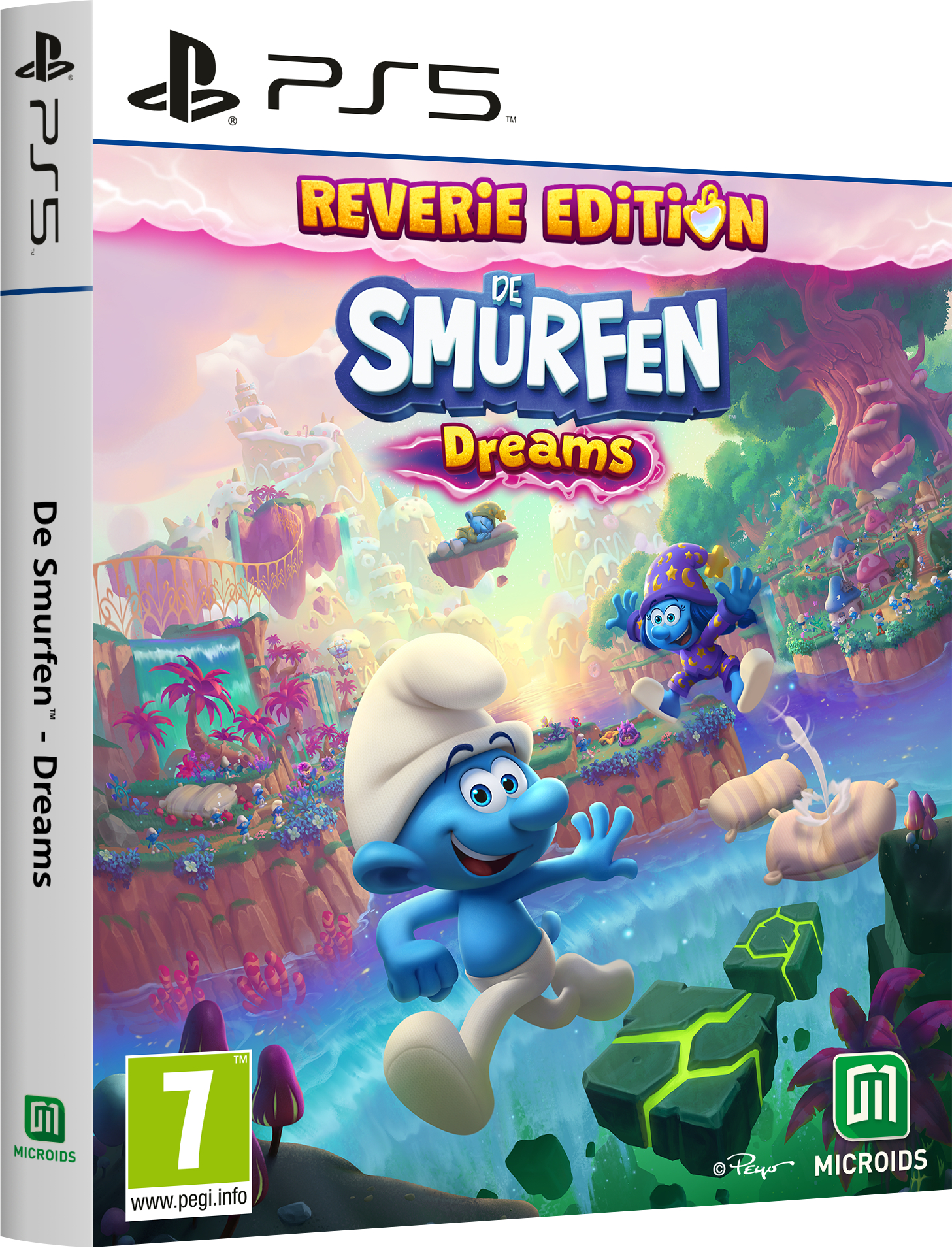 PS5 gamebox. De Smurfs: Dreams cover art met Smurfen en een levendig fantasielandschap.