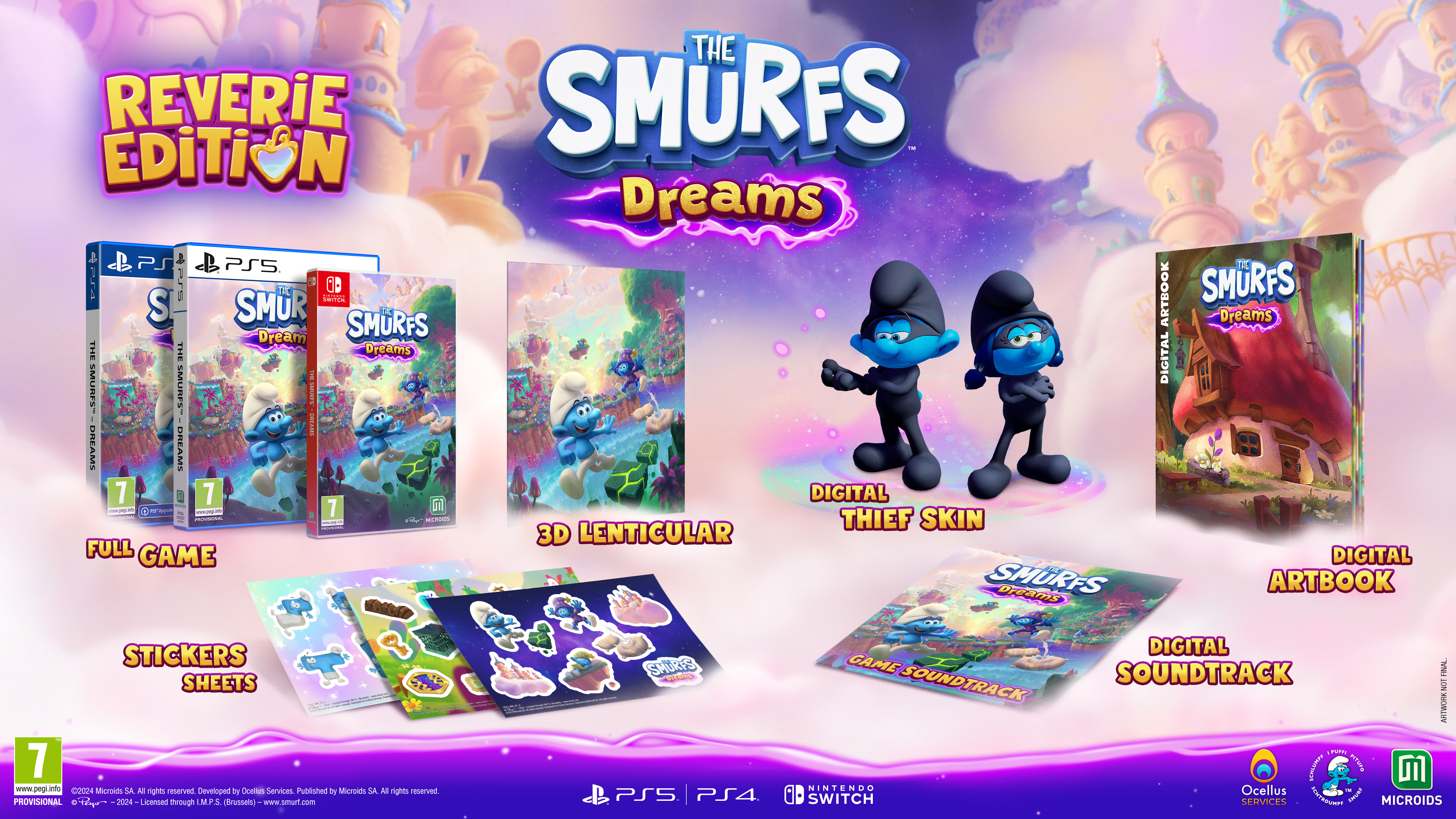 Smurfs Dreams gamepakket met gamecases, stickers, soundtrack en Smurf-beeldjes.