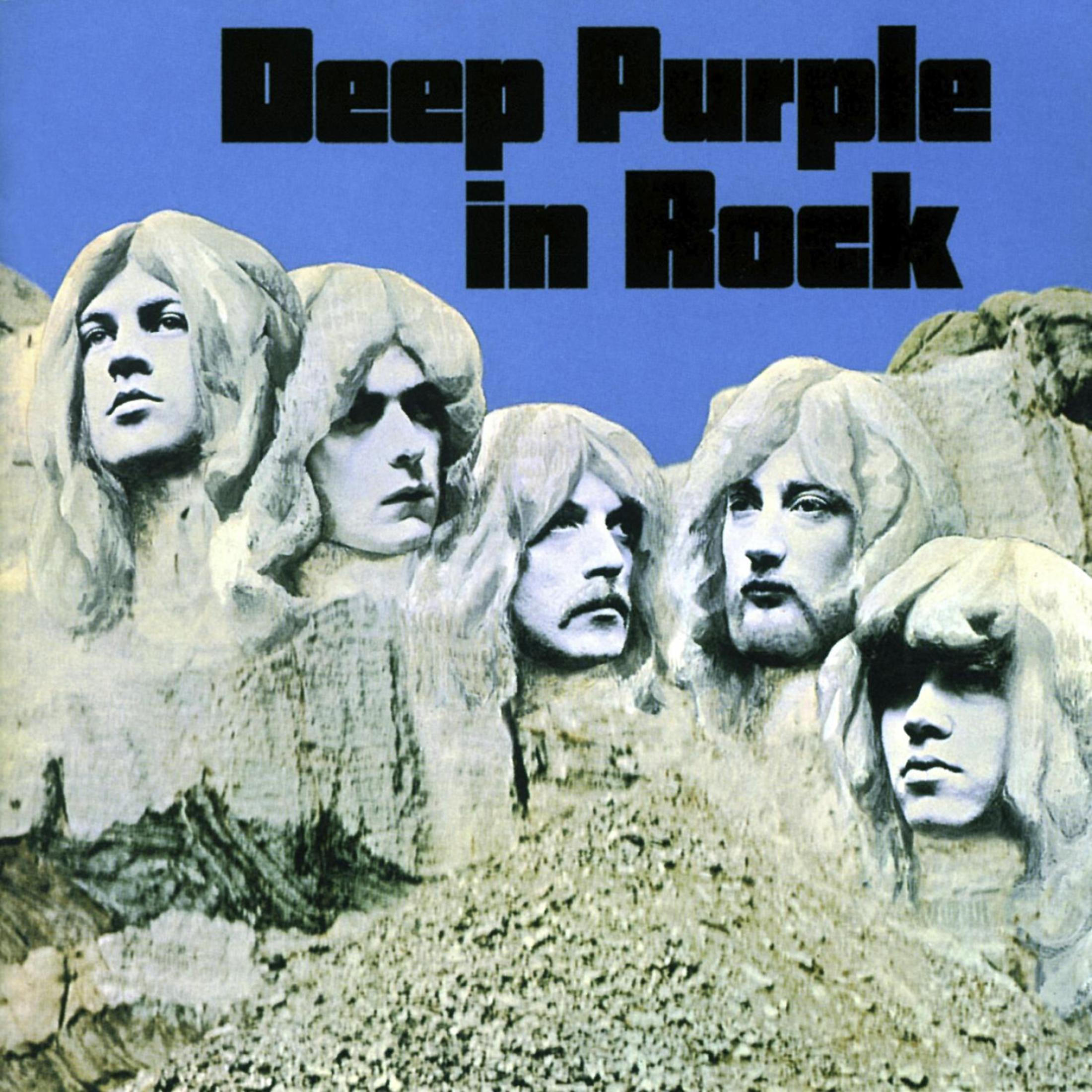 Copertina dell'album: membri dei Deep Purple scolpiti nella roccia. Titolo: Deep Purple in Rock.