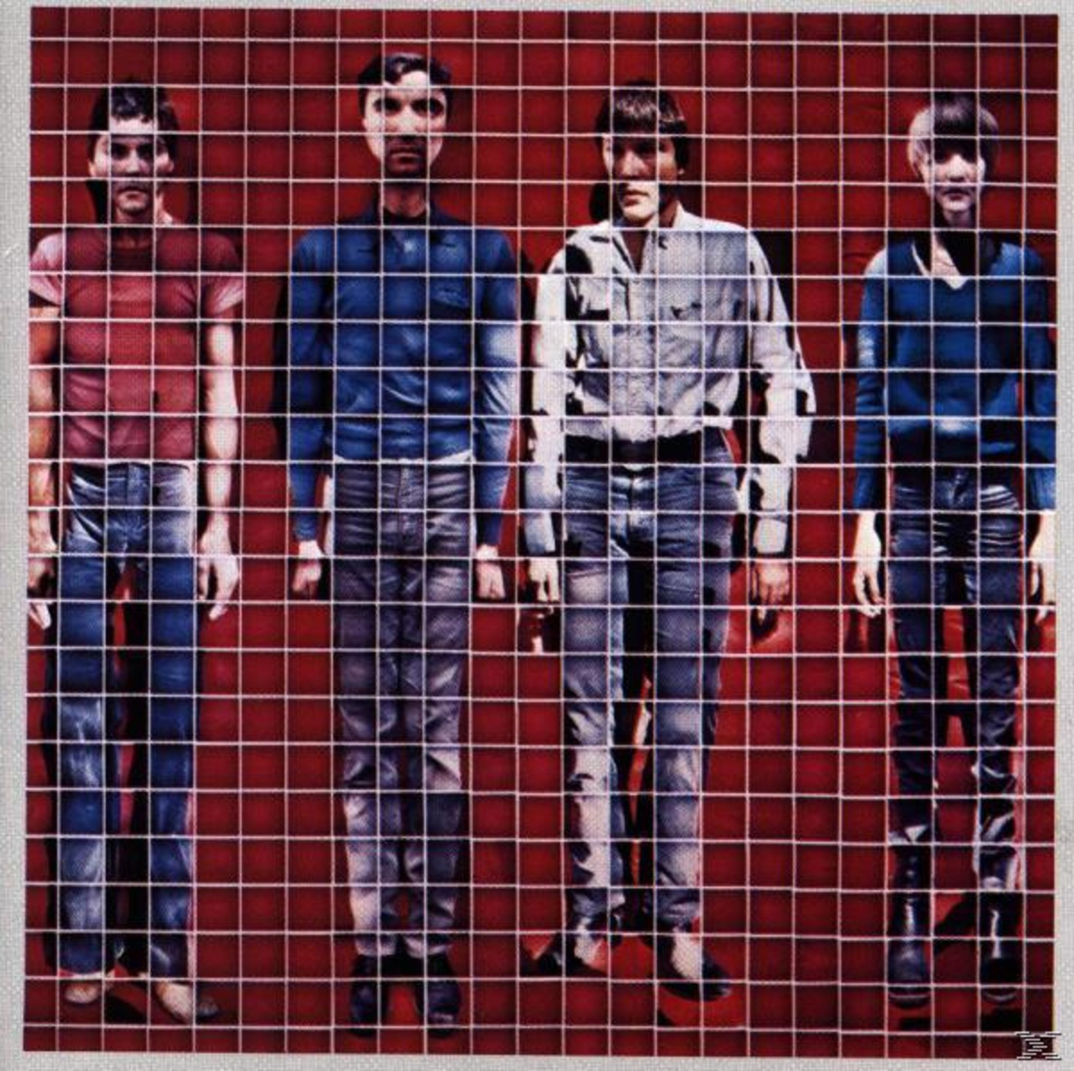 Copertina dell'album. Quattro uomini dietro una griglia rossa. Indossano camicie e jeans di colori diversi. Testo nero in basso.