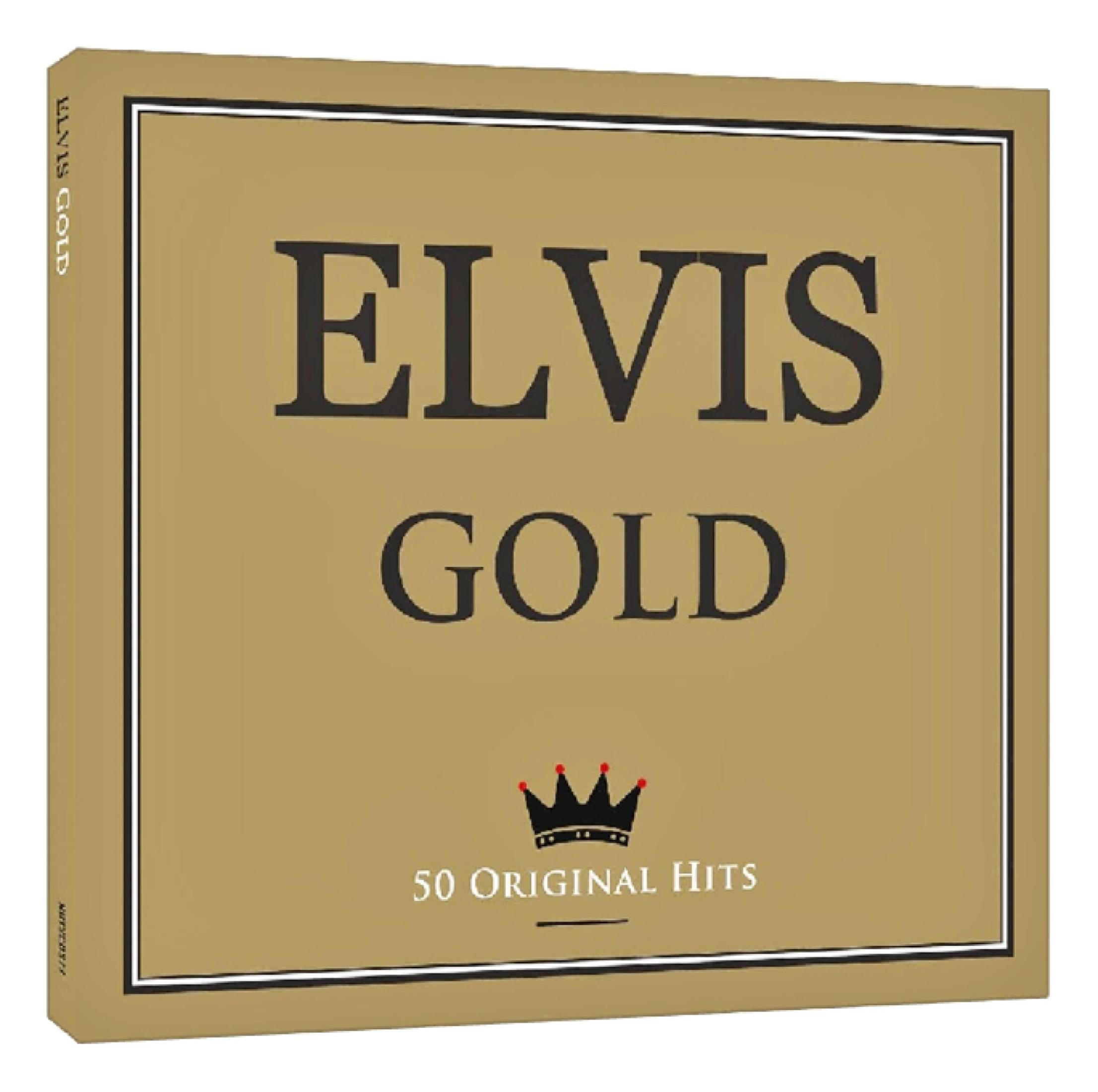 Albumcover. Goldener Hintergrund mit schwarzem Text: ELVIS GOLD, 50 ORIGINAL HITS, mit einem Kronen-Symbol.