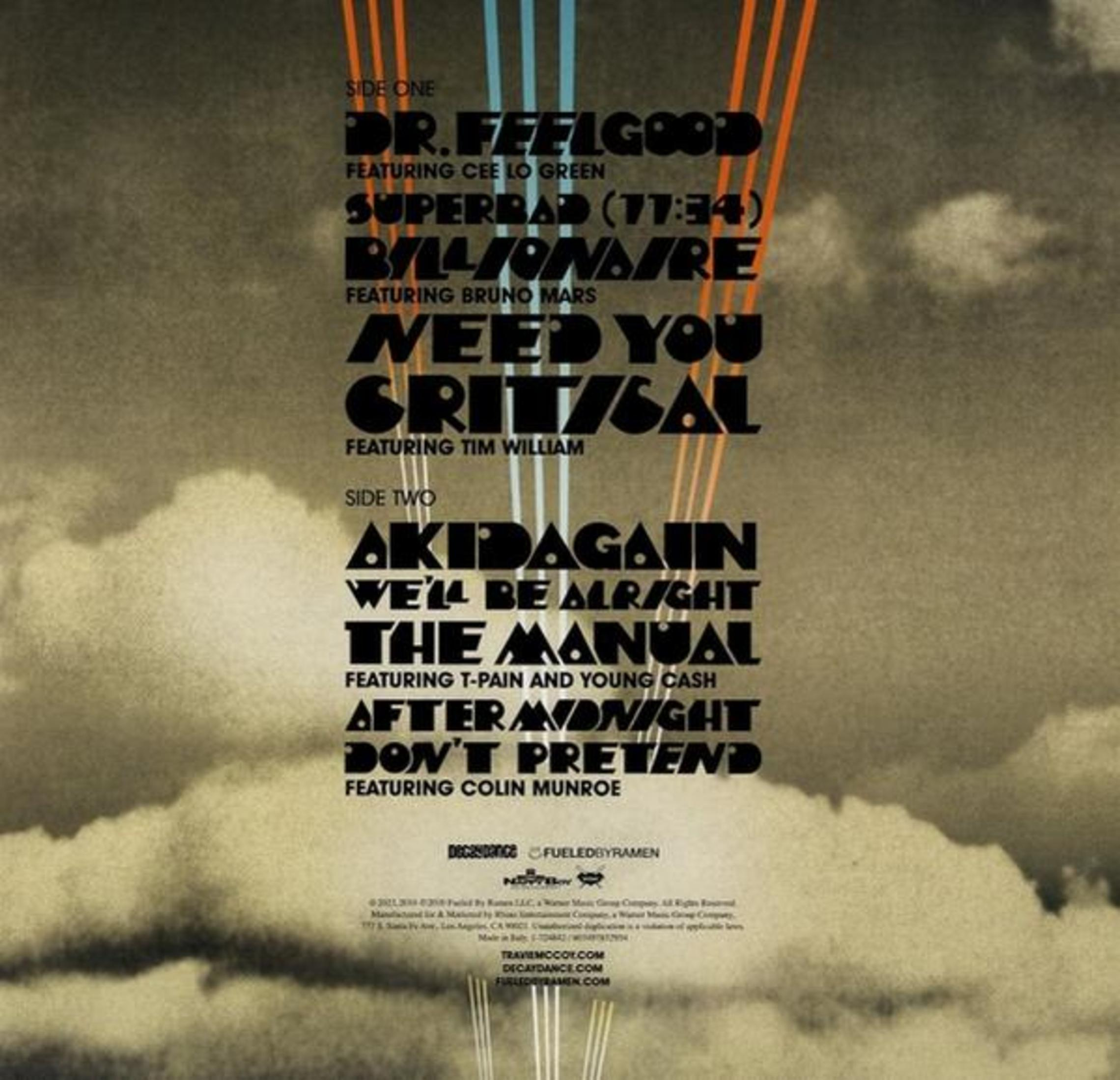 Portada del álbum: Lista de canciones y créditos con fondo de cielo nublado. Artistas: Dr. Feelgood, Bruno Mars, etc.